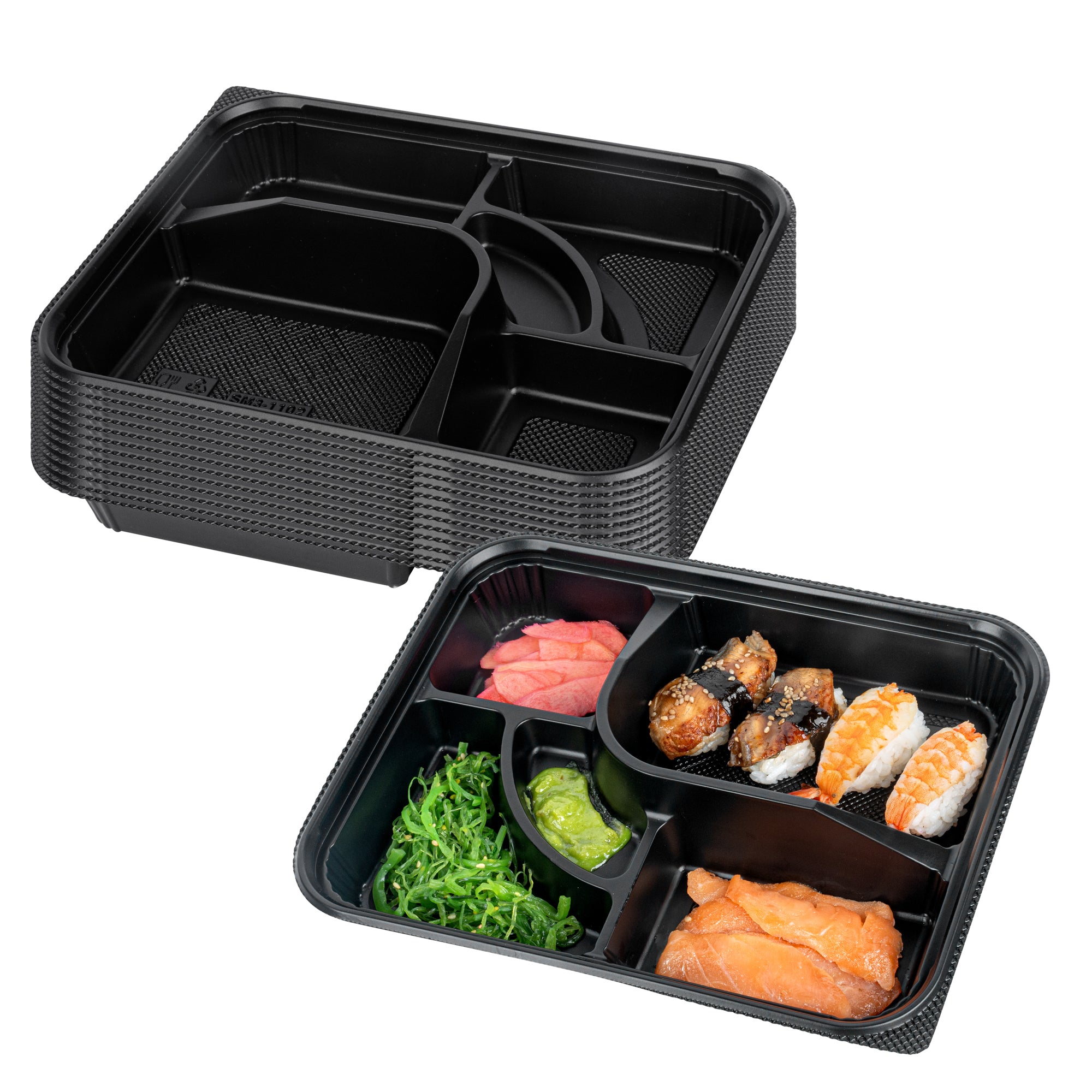 Bento Tek 26 oz Rectangle Black Plastic Bento Box - 5 Compartments - 10 1/2" x 8" x 1 3/4" - 100 count box