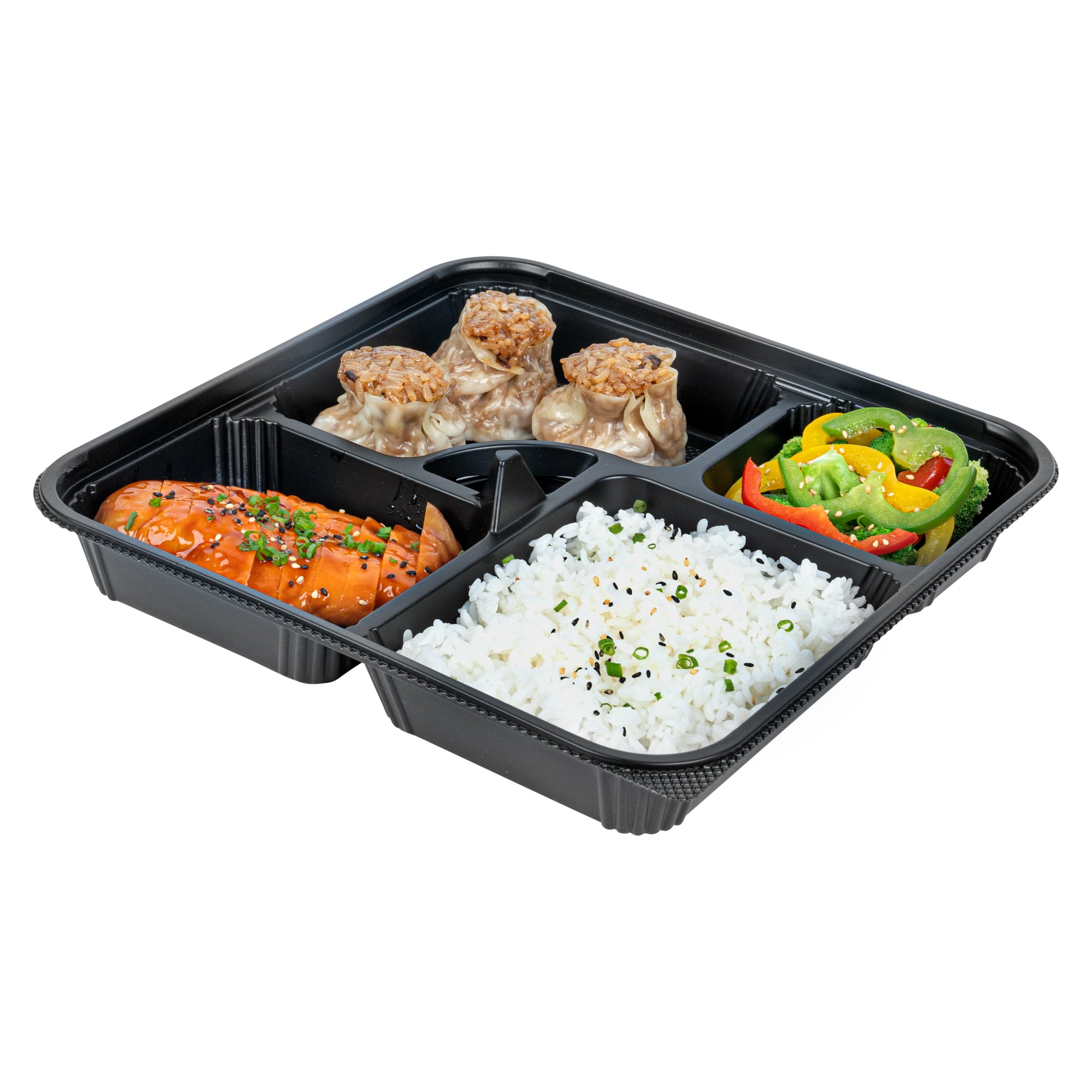 Bento Tek 40 oz Square Black Plastic Bento Box - 5 Compartments, Microwavable - 10 1/2" x 10 1/2" x 2" - 100 count box