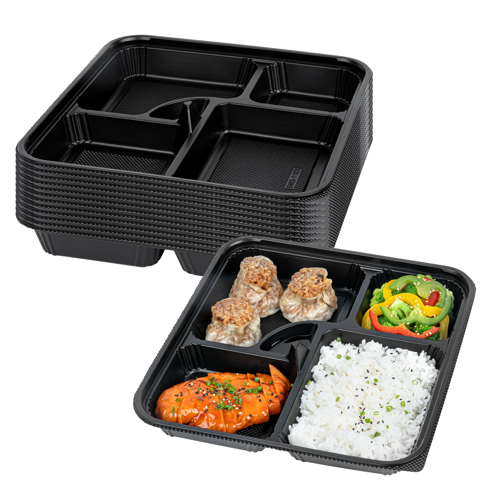 Bento Tek 40 oz Square Black Plastic Bento Box - 5 Compartments, Microwavable - 10 1/2" x 10 1/2" x 2" - 100 count box