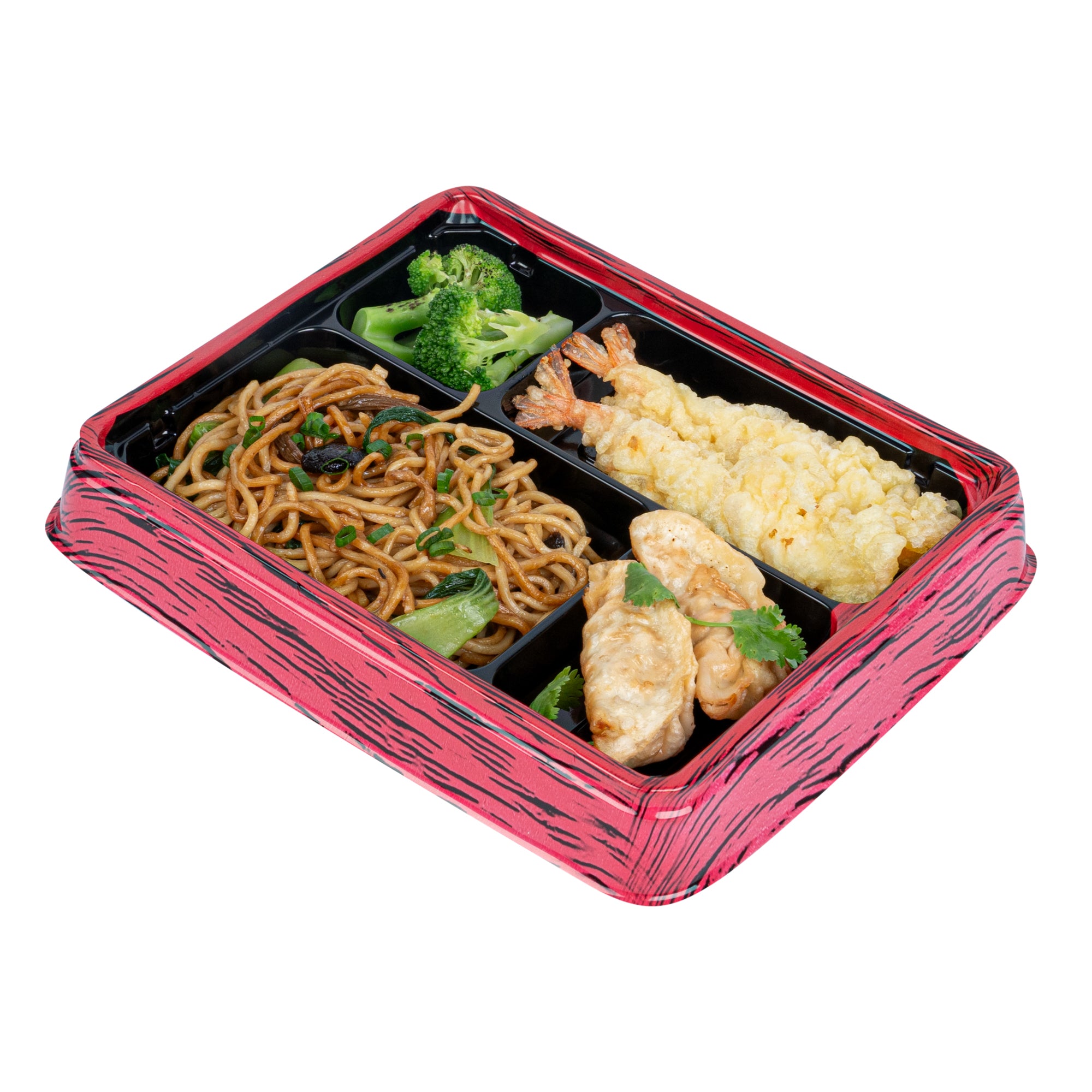 Bento Tek 15 oz Rectangle Red and Black Plastic Bento Box - 4 Compartments - 8 3/4" x 7 1/2" x 1 1/4" - 100 count box