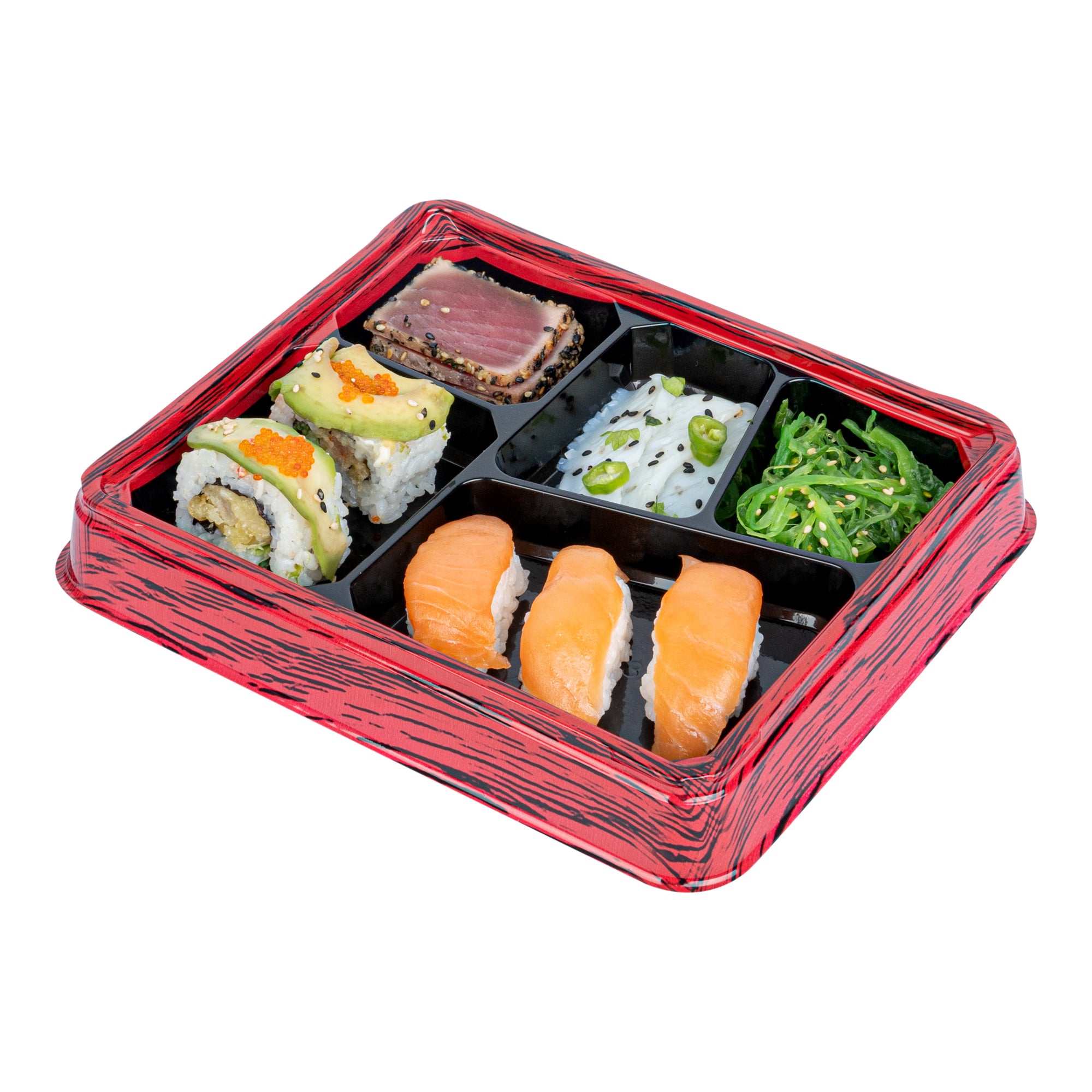 Bento Tek 18 oz Rectangle Red and Black Plastic Bento Box - 5 Compartments - 9 1/4" x 7 3/4" x 1 1/4" - 100 count box