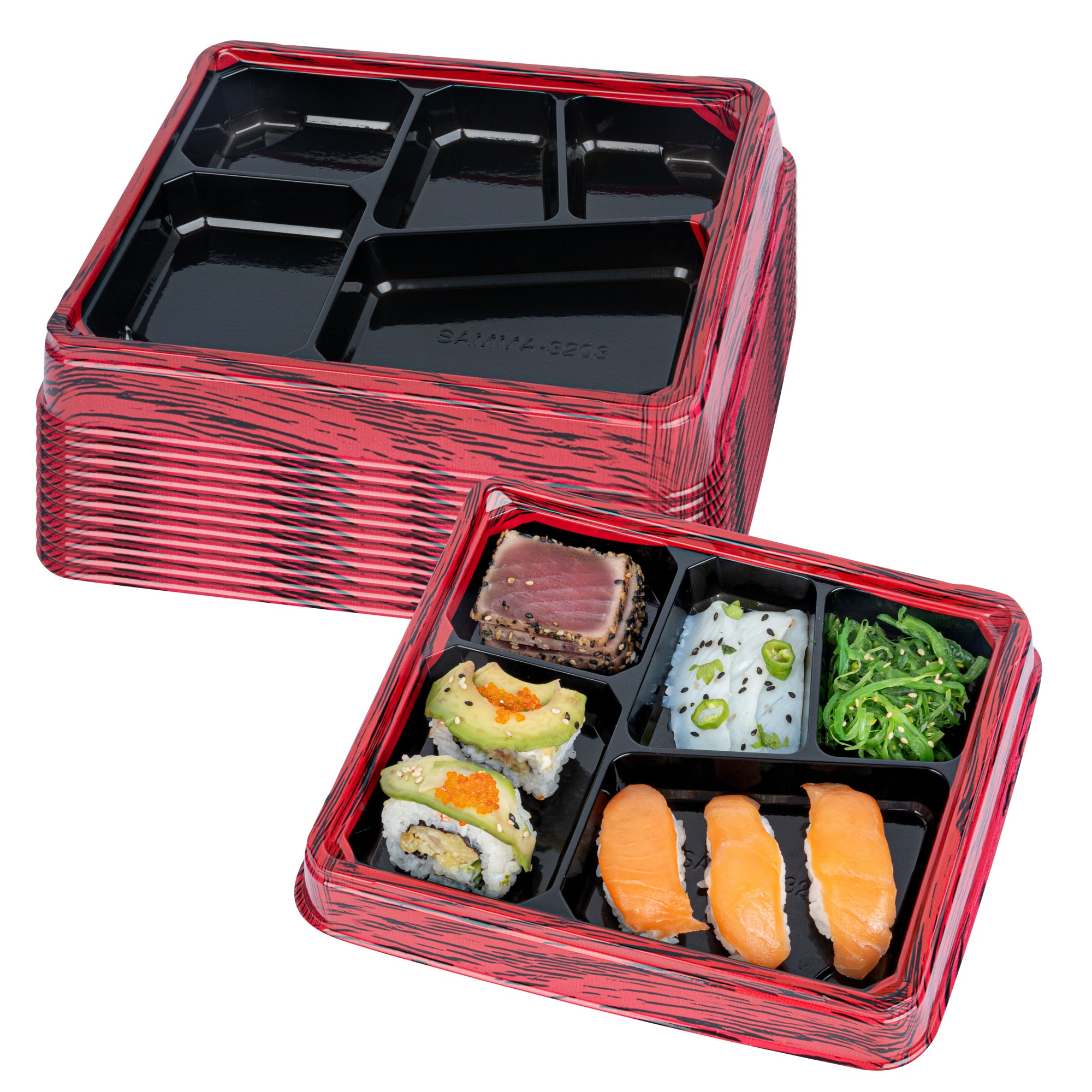 Bento Tek 18 oz Rectangle Red and Black Plastic Bento Box - 5 Compartments - 9 1/4" x 7 3/4" x 1 1/4" - 100 count box