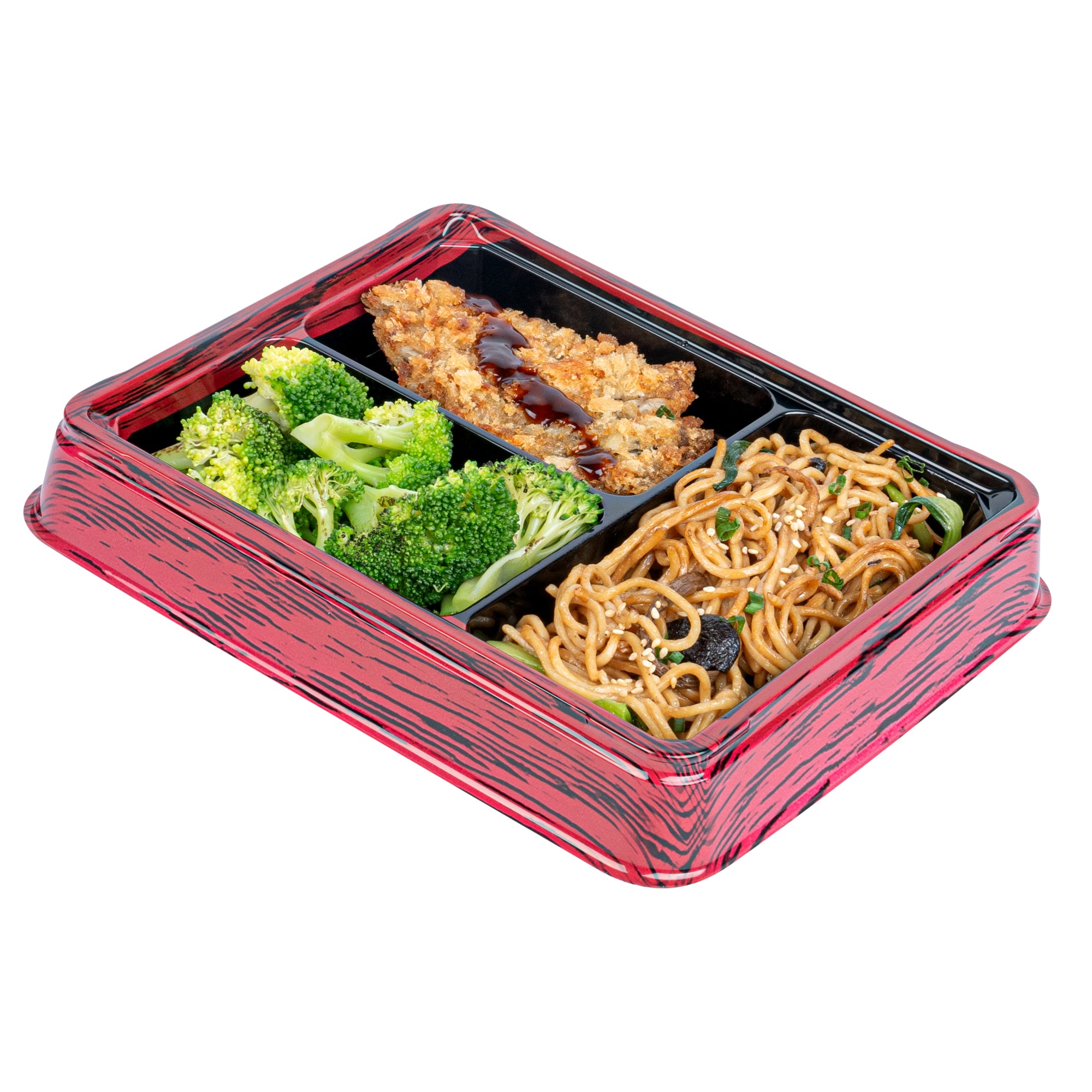 Bento Tek 16 oz Rectangle Red and Black Plastic Bento Box - 3 Compartments - 8 3/4" x 7 1/2" x 1 1/4" - 100 count box