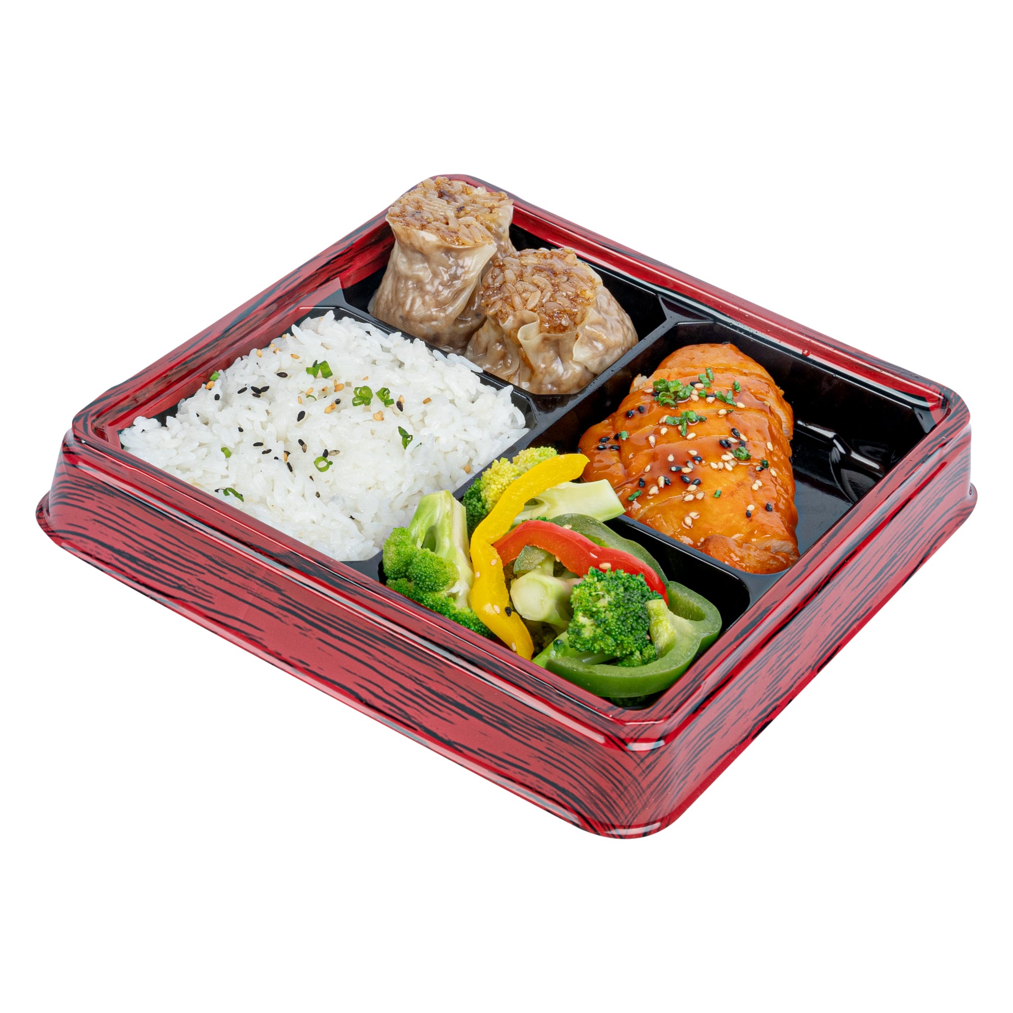 Bento Tek 18 oz Square Red and Black Plastic Bento Box - 4 Compartments - 8 1/2" x 8 1/2" x 1 1/4" - 100 count box