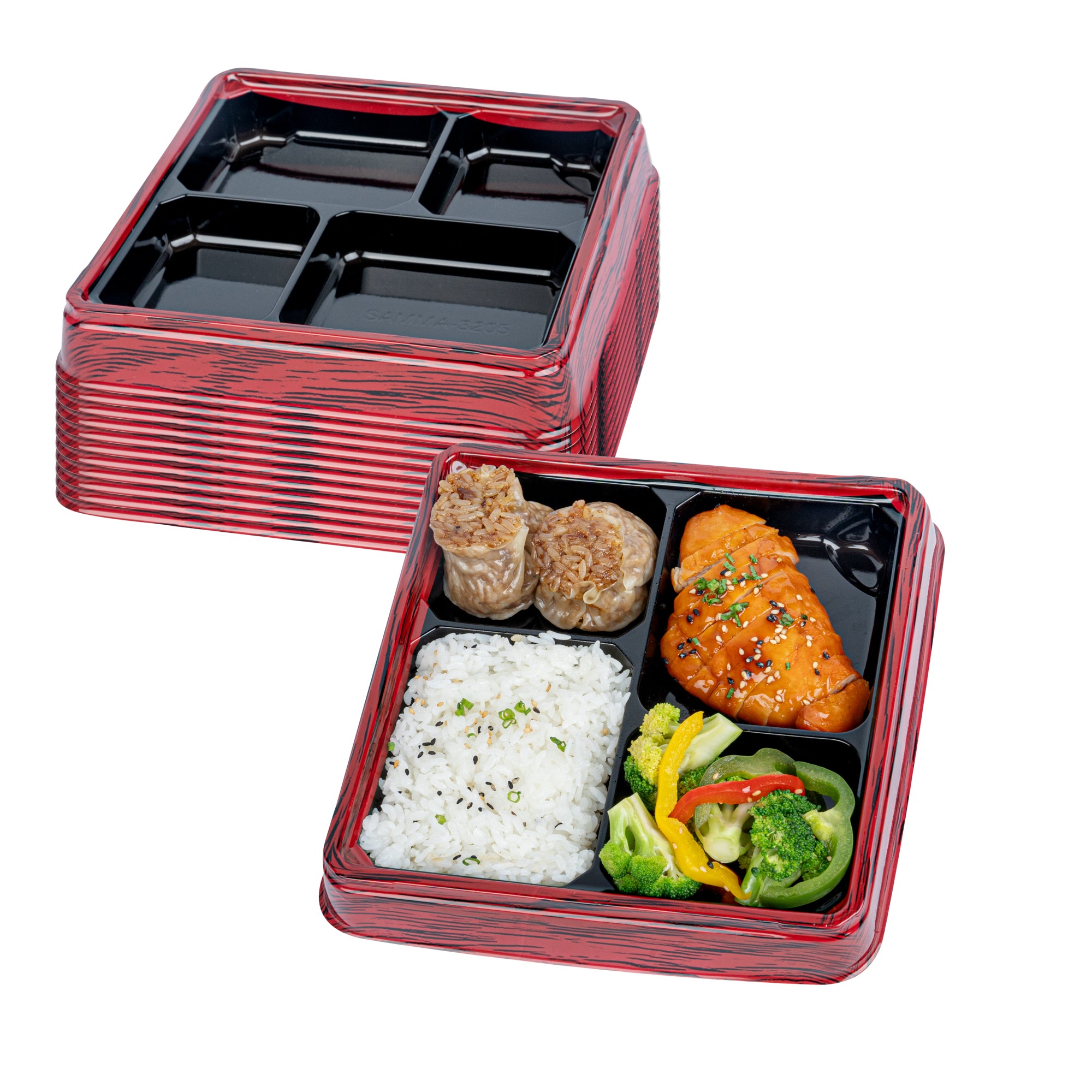 Bento Tek 18 oz Square Red and Black Plastic Bento Box - 4 Compartments - 8 1/2" x 8 1/2" x 1 1/4" - 100 count box