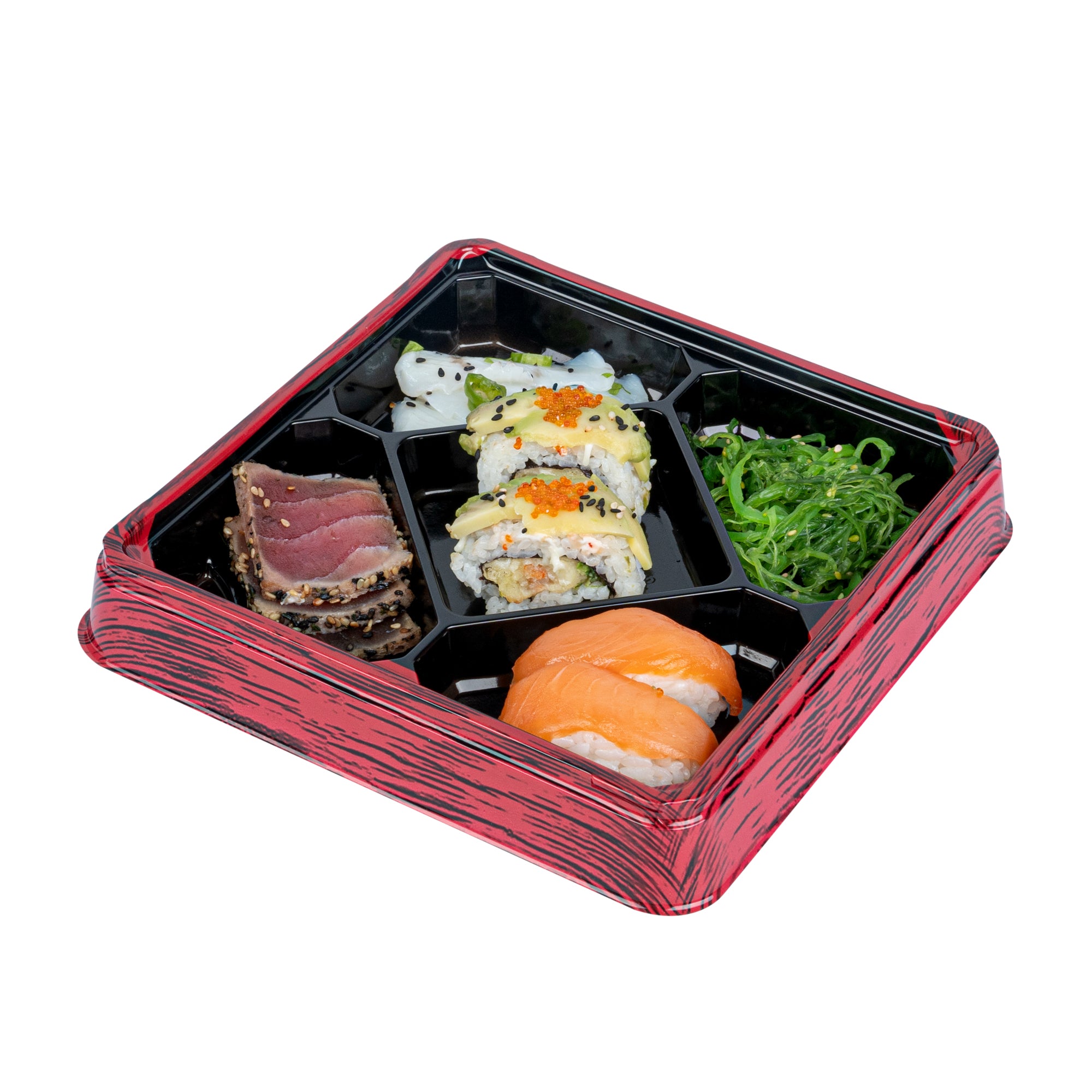 Bento Tek 19 oz Square Red and Black Plastic Bento Box - 5 Compartments - 8 1/2" x 8 1/2" x 1 1/4" - 100 count box