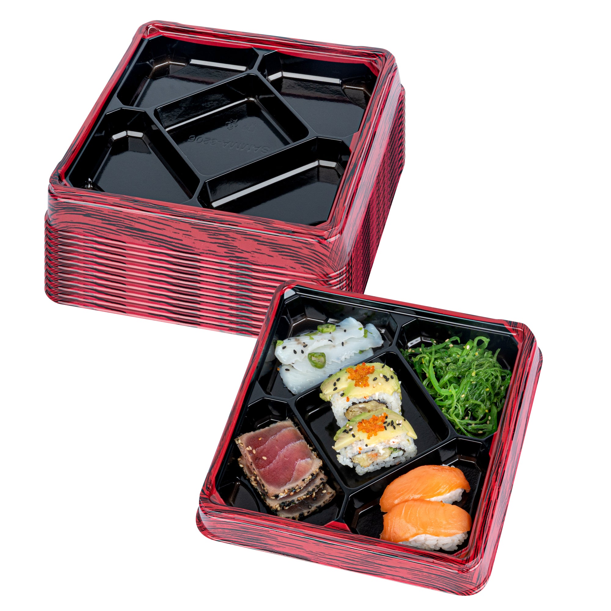 Bento Tek 19 oz Square Red and Black Plastic Bento Box - 5 Compartments - 8 1/2" x 8 1/2" x 1 1/4" - 100 count box