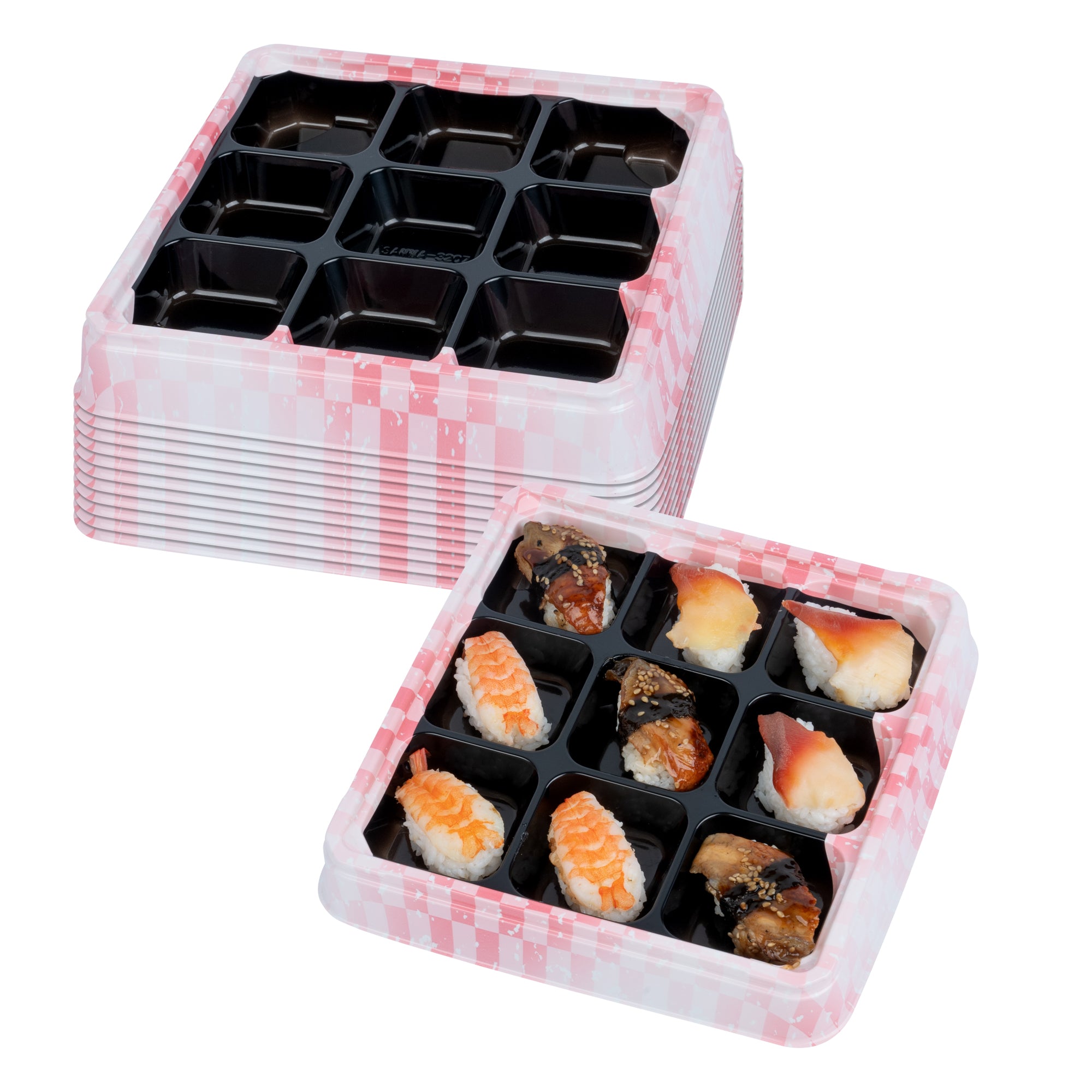 Bento Tek 17 oz Square Pink and Black Plastic Bento Box - 9 Compartments - 8 1/2" x 8 1/2" x 1 1/4" - 100 count box