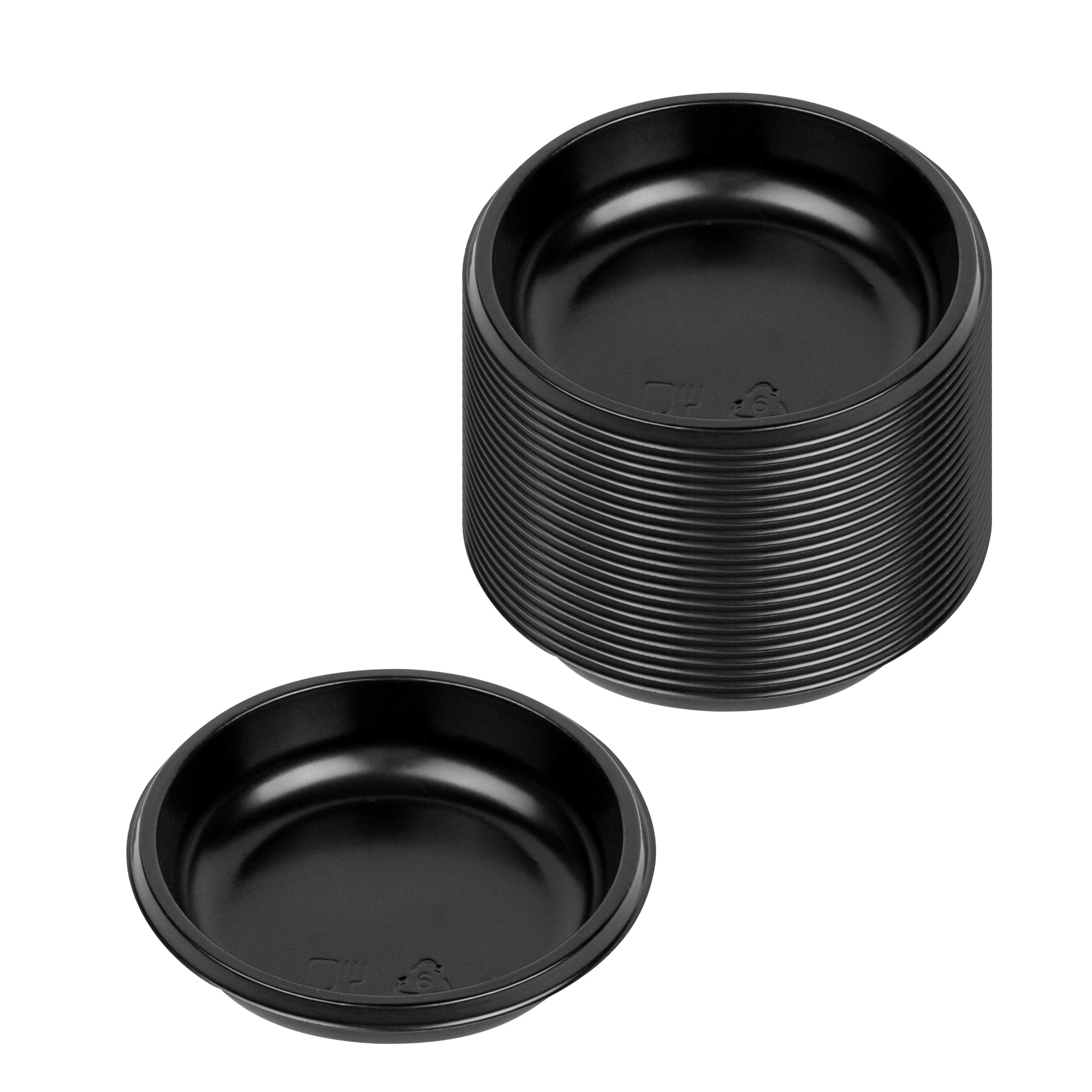 Bento Tek 2 oz Round Black Plastic Sauce Dish - 3" x 3" x 3/4" - 1000 count box