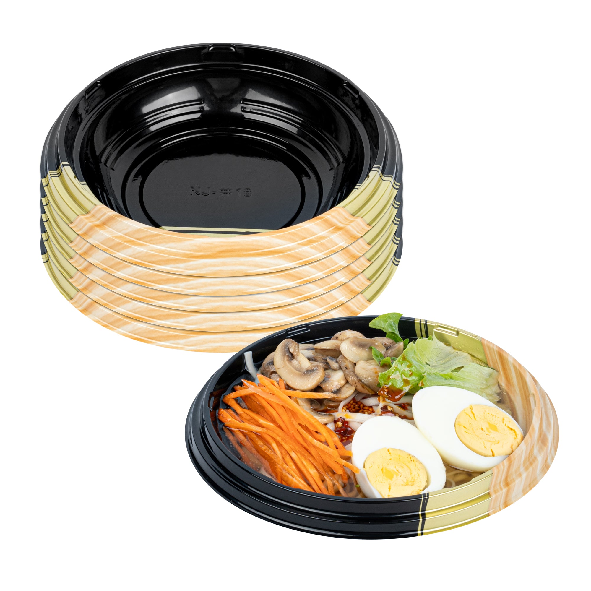 Bento Tek 14 oz Round Black and Gold Plastic Asian Style Bowl - 7" x 7" x 1 1/2" - 400 count box