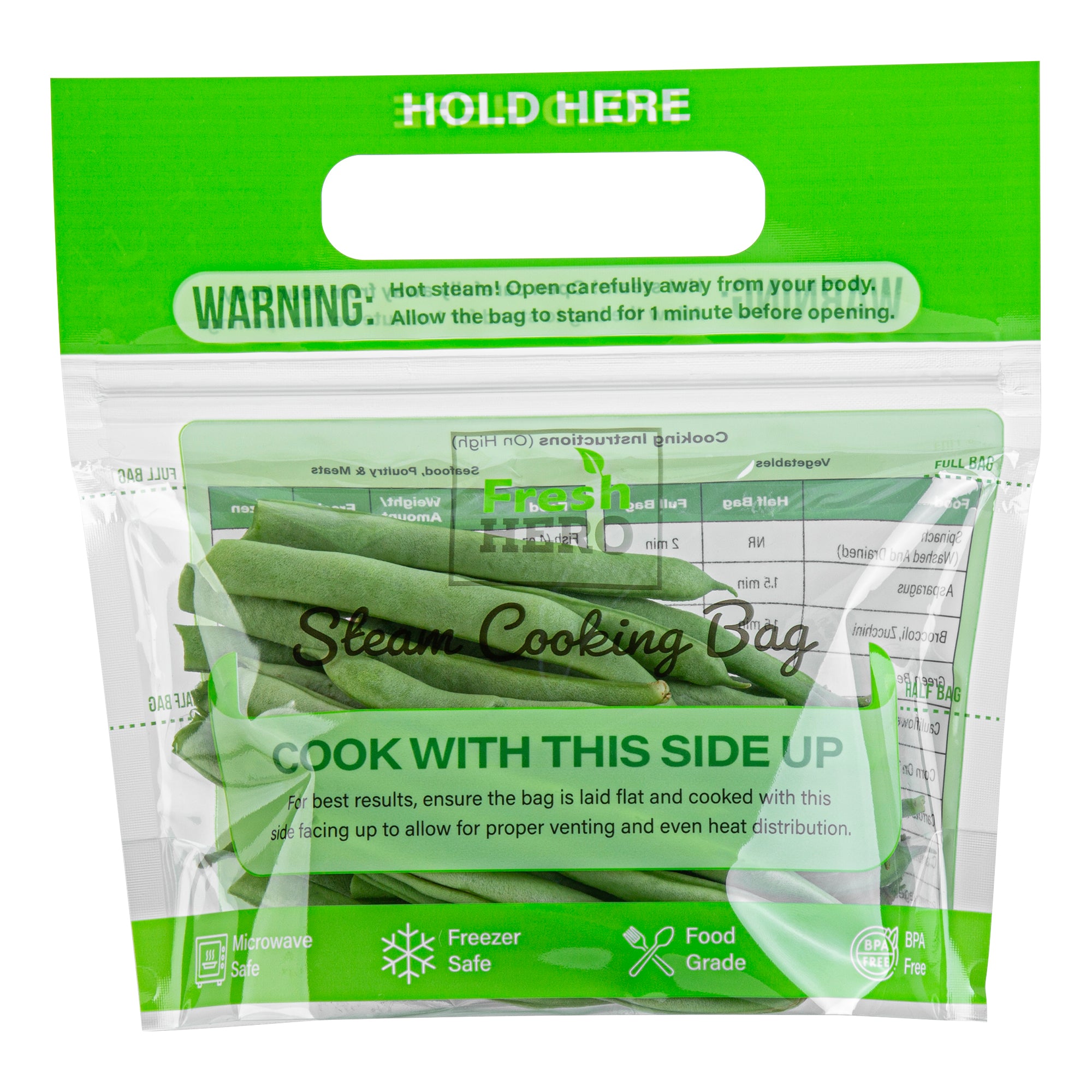 Fresh Hero Green Plastic Steam Bag - Microwave-Safe, BPA-Free - 7 1/2" x 7 1/2" - 500 count box