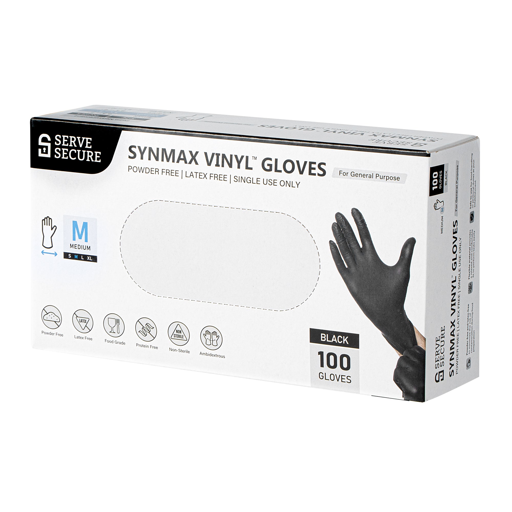 Serve Secure Black Medium Synmax Vinyl Gloves - Powder-Free, Latex-Free - 9" x 3 3/4" - 1000 count box