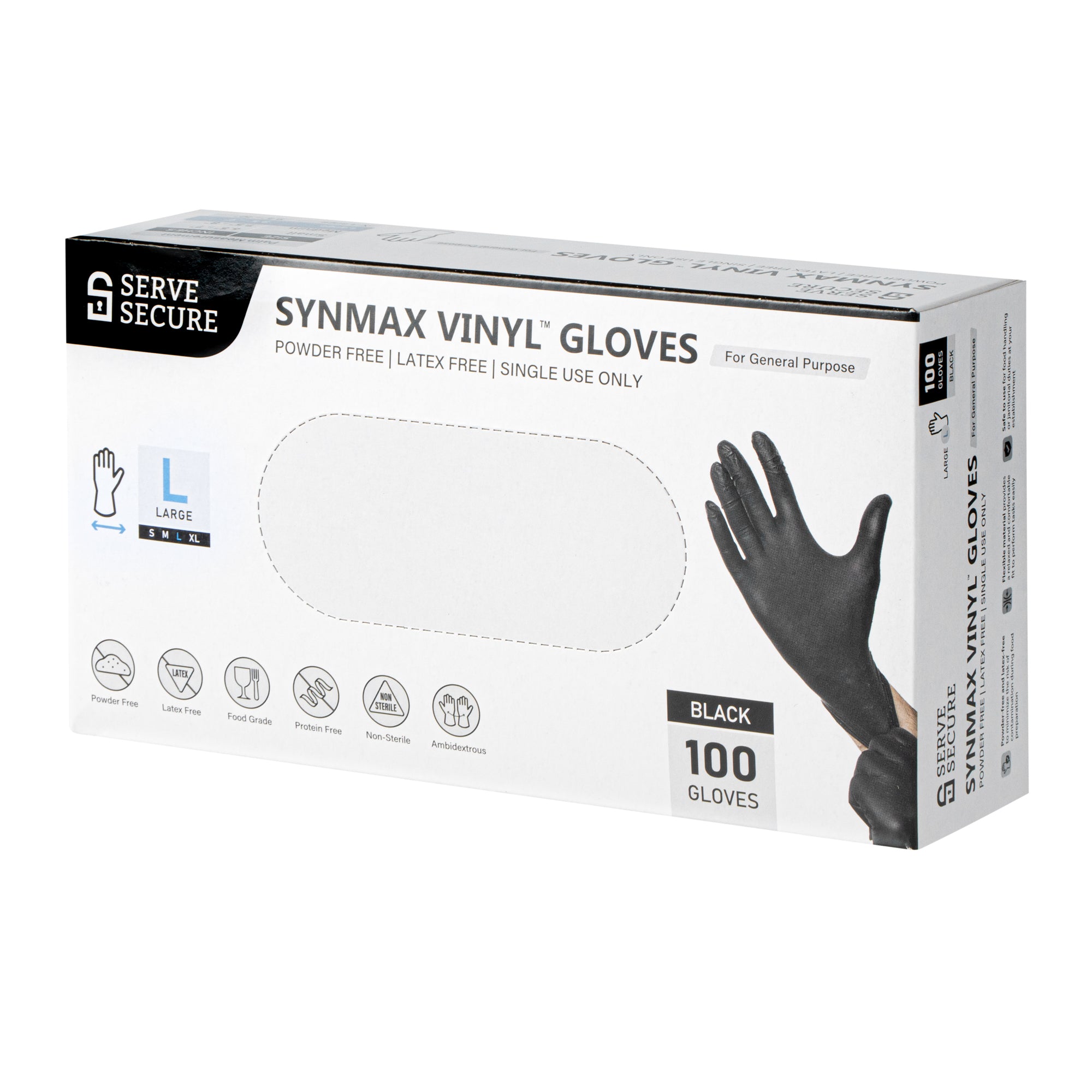 Serve Secure Black Large Synmax Vinyl Gloves - Powder-Free, Latex-Free - 9" x 4 1/4" - 1000 count box