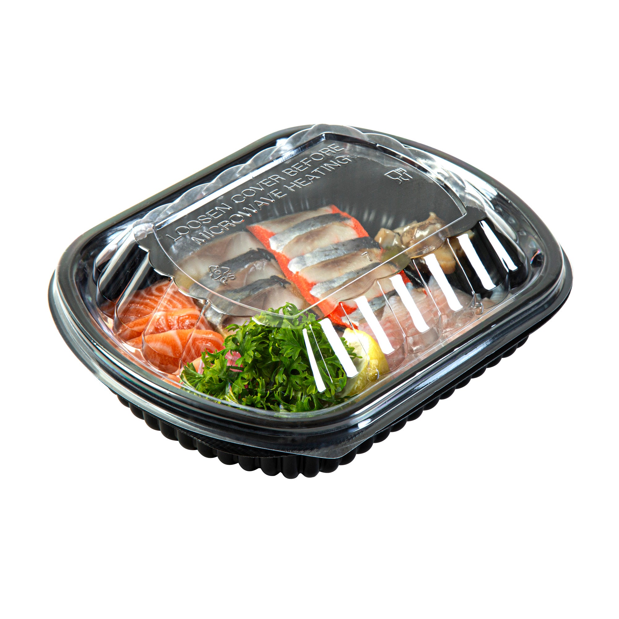 RW Base 24 oz Rectangle Black Plastic Food Container - with Clear Lid, Microwavable - 7 3/4" x 6 1/4" x 2 1/4" - 100 count box