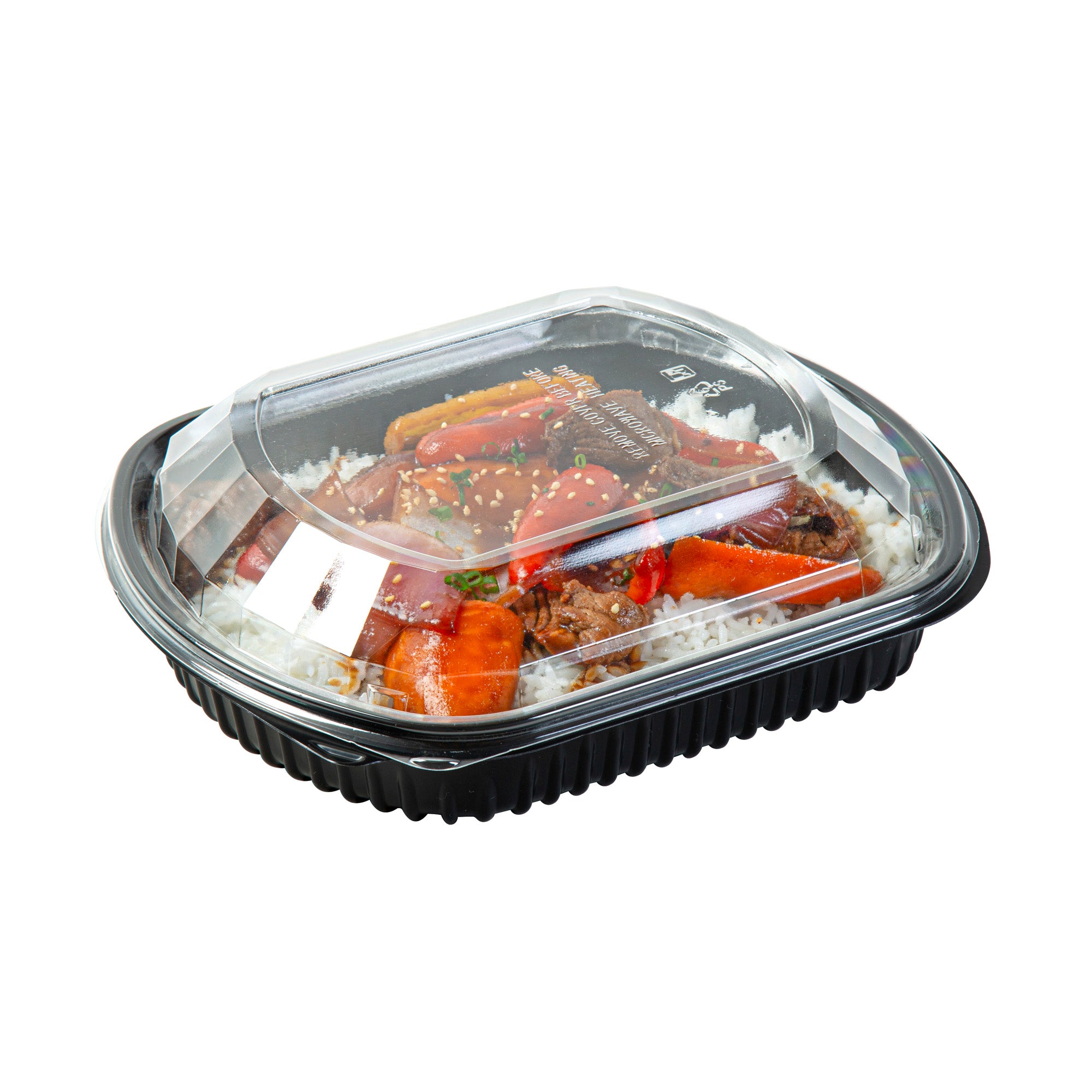 RW Base 36 oz Rectangle Black Plastic Food Container - with Clear Lid, Microwavable - 9 1/4" x 7 3/4" x 2 3/4" - 100 count box