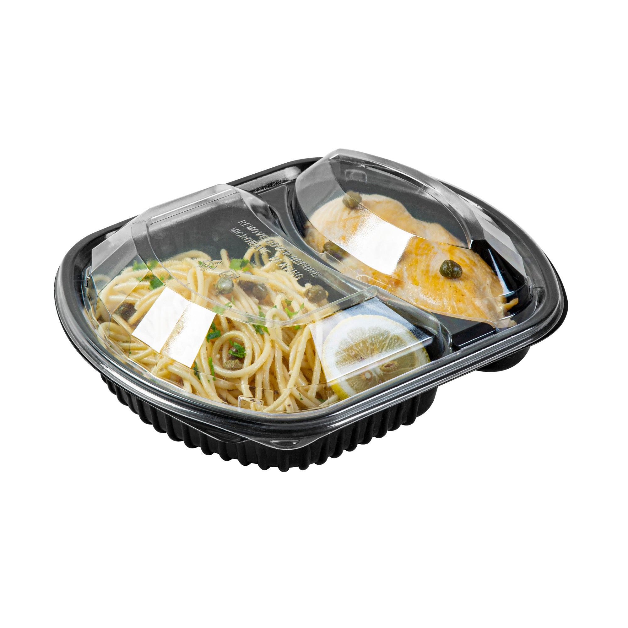 RW Base 36 oz Rectangle Black Plastic Food Container - with Clear Lid, Microwavable, 2 Compartments - 9 1/4" x 8" x 2 3/4" - 100 count box