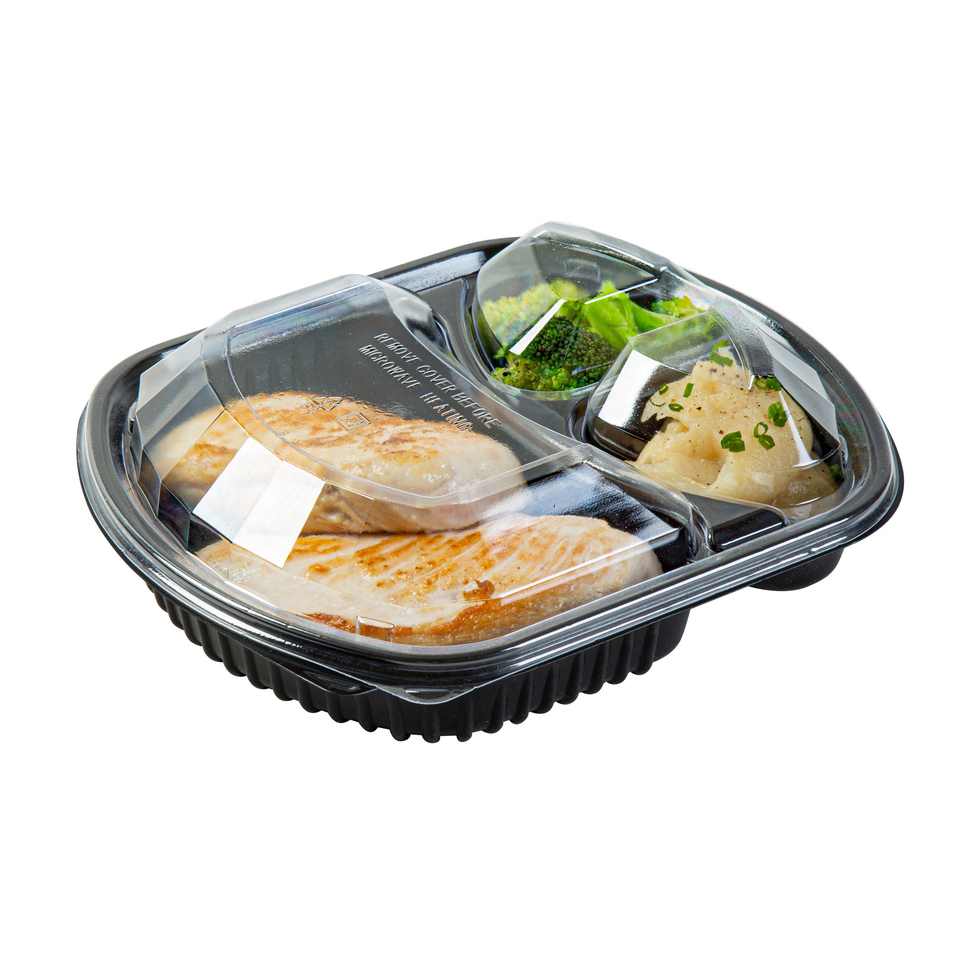 RW Base 36 oz Rectangle Black Plastic Food Container - with Clear Lid, Microwavable, 3 Compartments - 9 1/4" x 8" x 2 3/4" - 100 count box