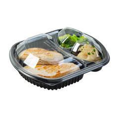 RW Base 36 oz Rectangle Black Plastic Food Container - with Clear Lid, Microwavable, 3 Compartments - 9 1/4