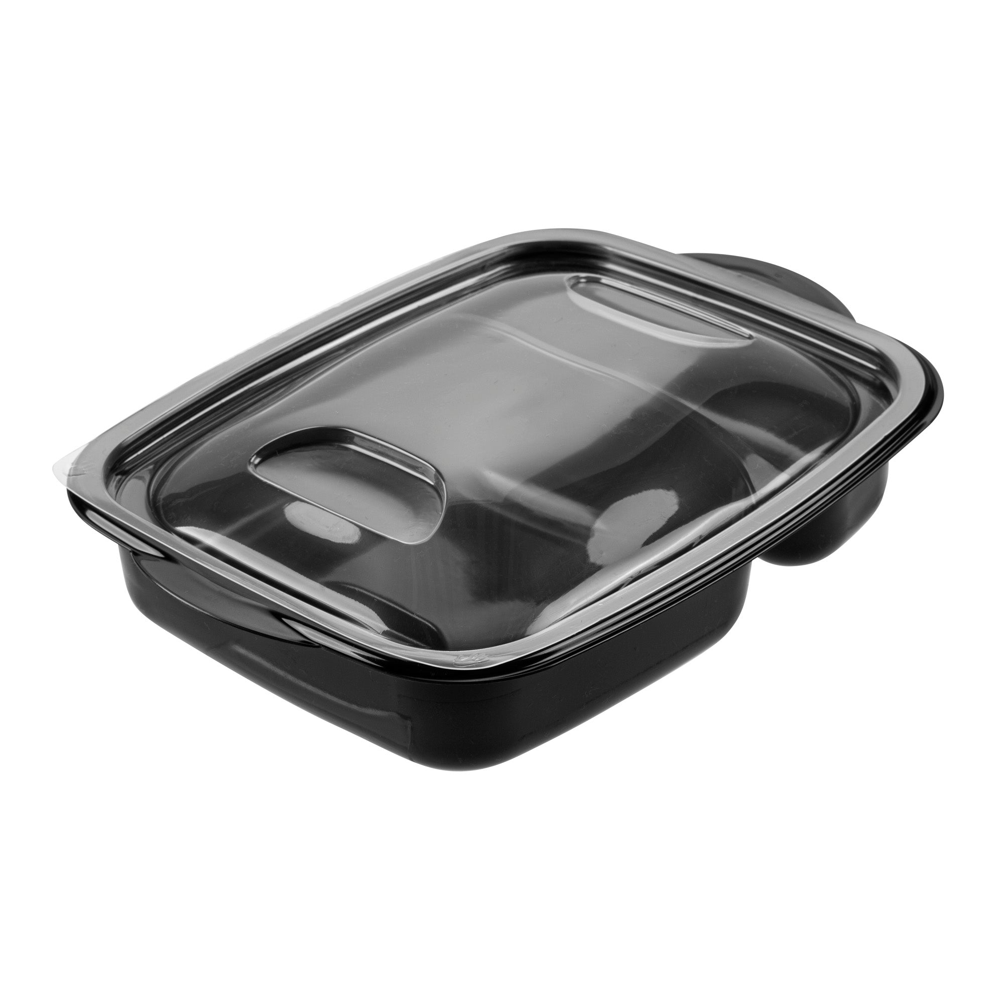 RW Base 36 oz Rectangle Black Plastic Food Container - with Clear Lid, Microwavable, 2 Compartments - 8 3/4" x 7" x 2 1/4" - 100 count box