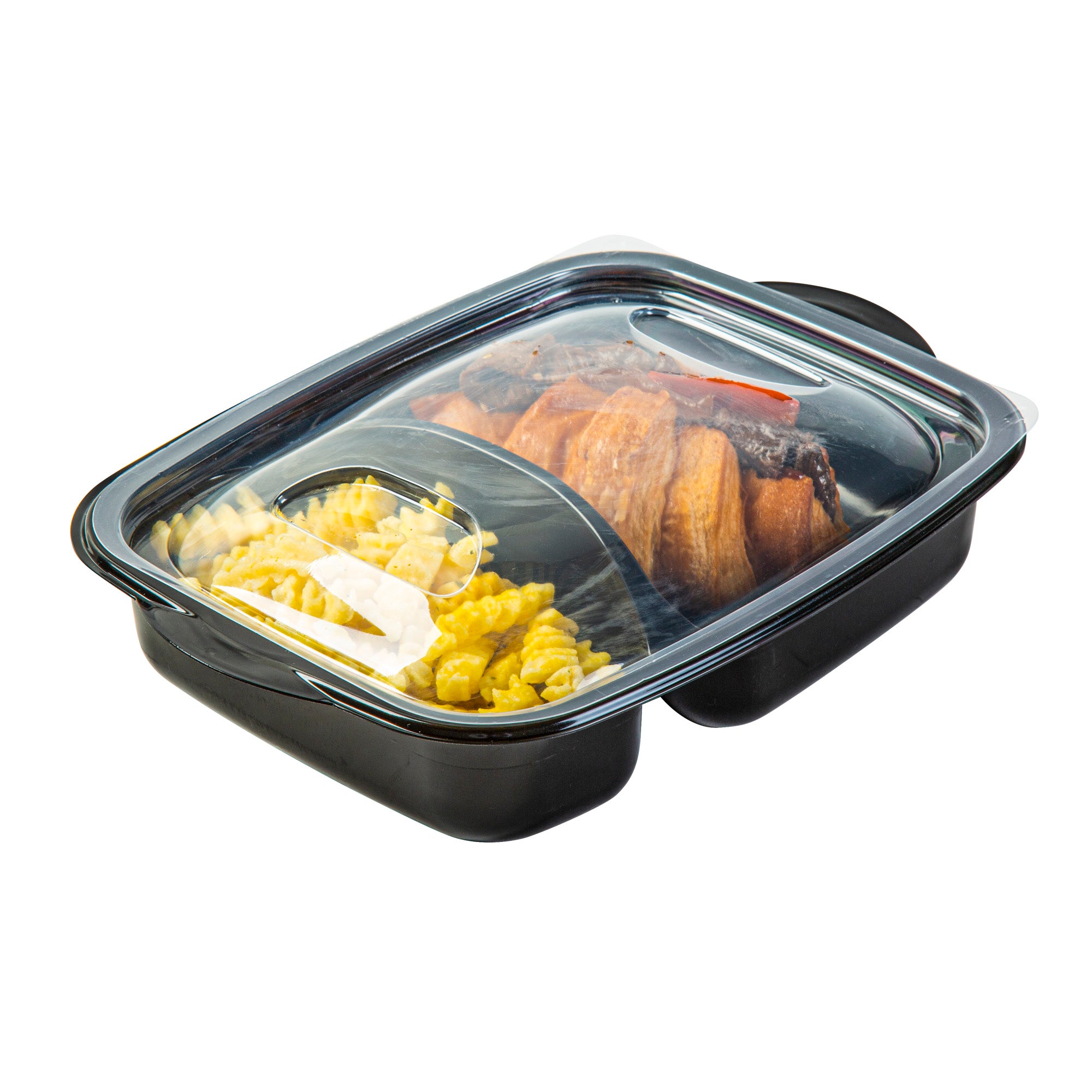 RW Base 36 oz Rectangle Black Plastic Food Container - with Clear Lid, Microwavable, 2 Compartments - 8 3/4" x 7" x 2 1/4" - 100 count box