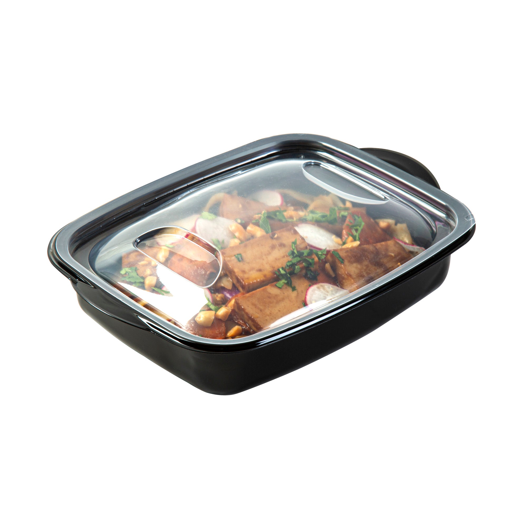 RW Base 36 oz Rectangle Black Plastic Food Container - with Clear Lid, Microwavable - 8 3/4" x 7" x 2 1/4" - 100 count box