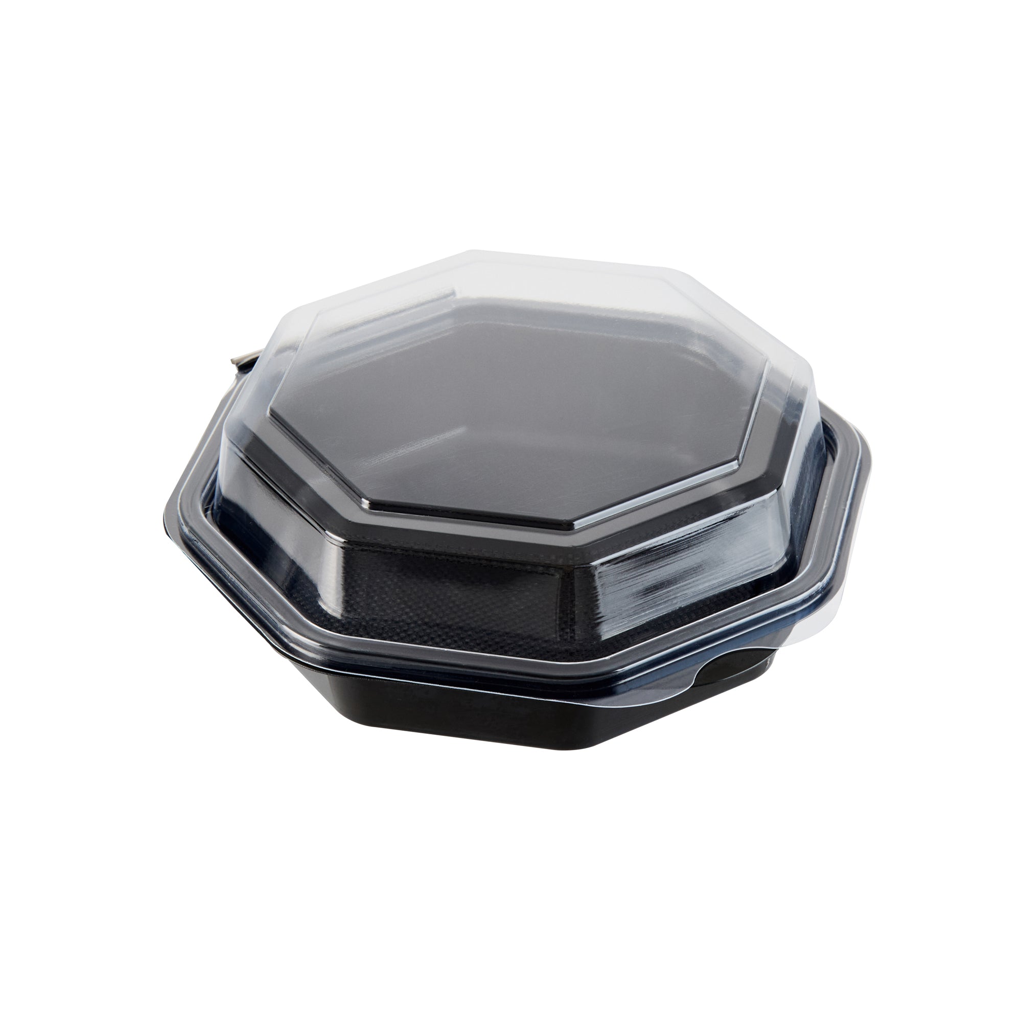 RW Base Octagon Black Plastic Food Container - with Clear Lid - 6 1/4" x 6 1/4" x 2" - 100 count box