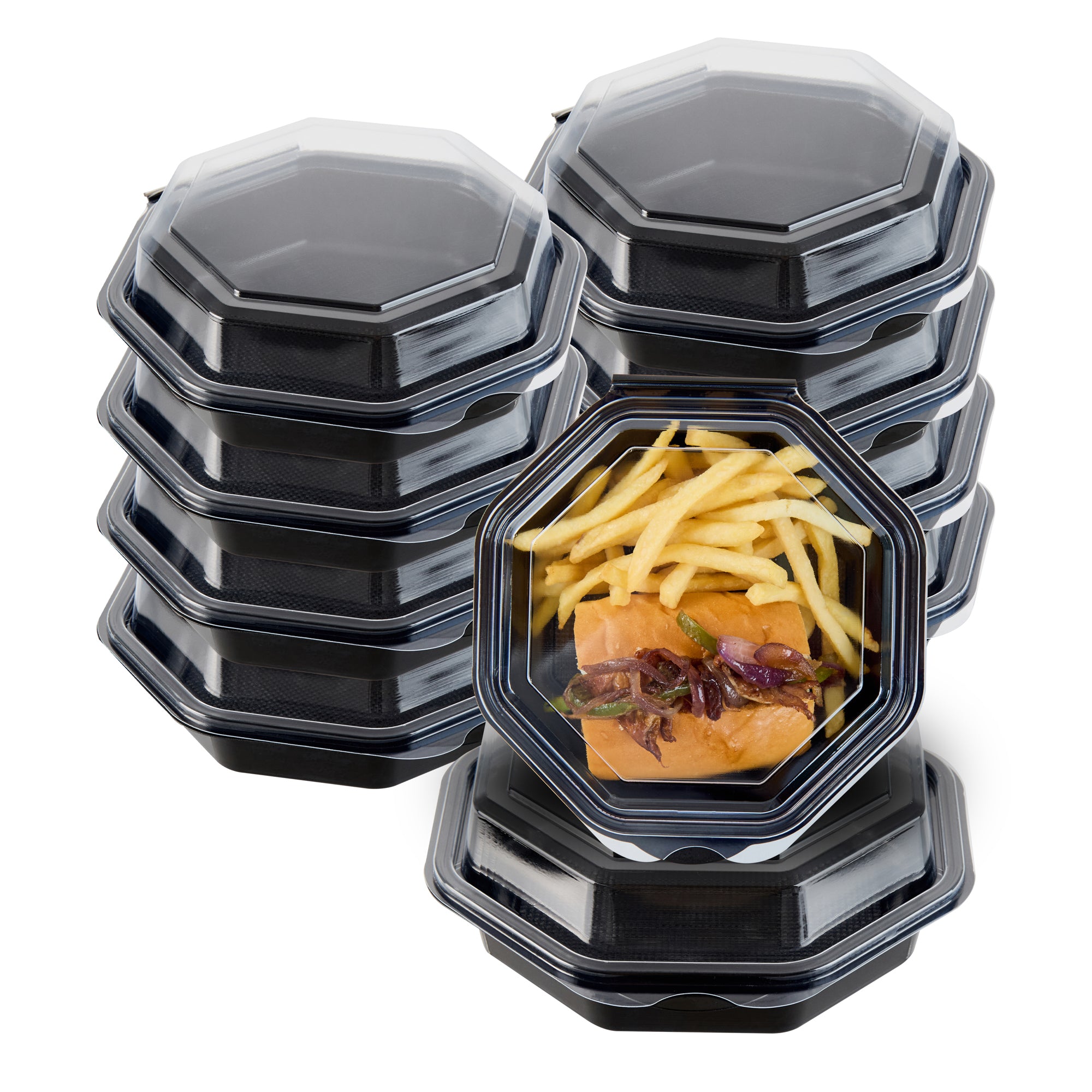 RW Base Octagon Black Plastic Food Container - with Clear Lid - 6 1/4" x 6 1/4" x 2" - 100 count box