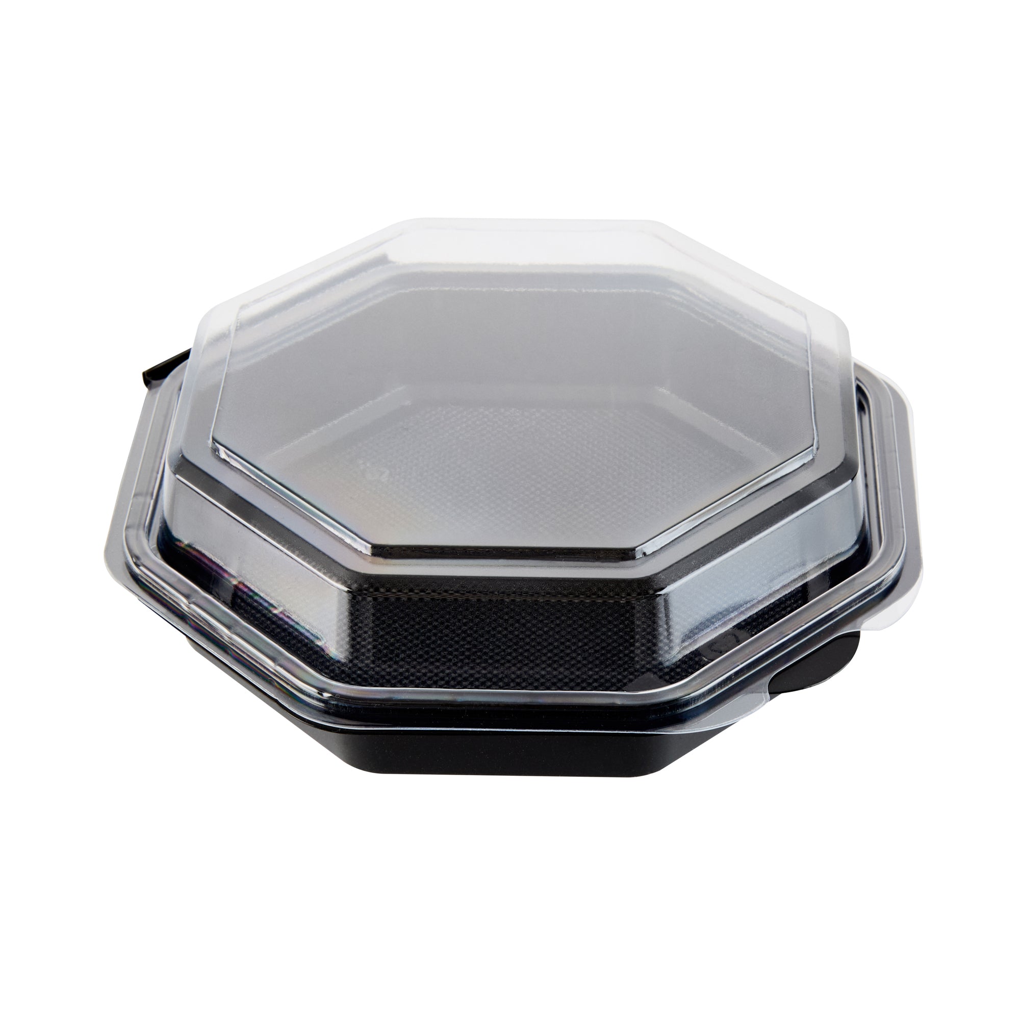 RW Base Octagon Black Plastic Food Container - with Clear Lid - 7 1/2" x 7 1/2" x 2 1/4" - 100 count box