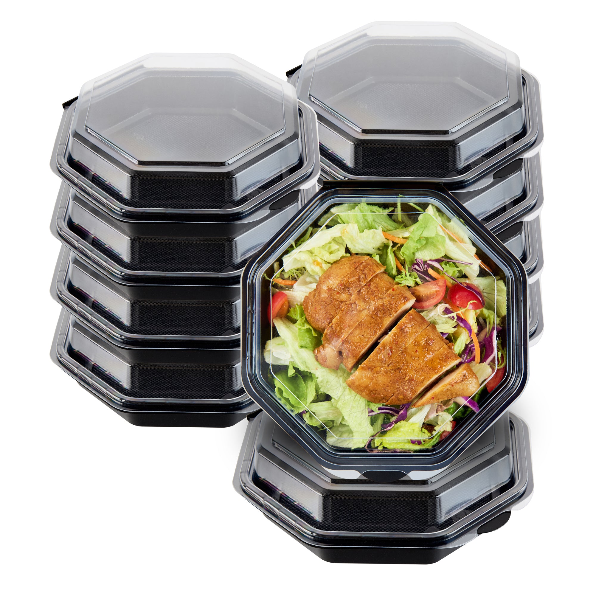 RW Base Octagon Black Plastic Food Container - with Clear Lid - 7 1/2" x 7 1/2" x 2 1/4" - 100 count box