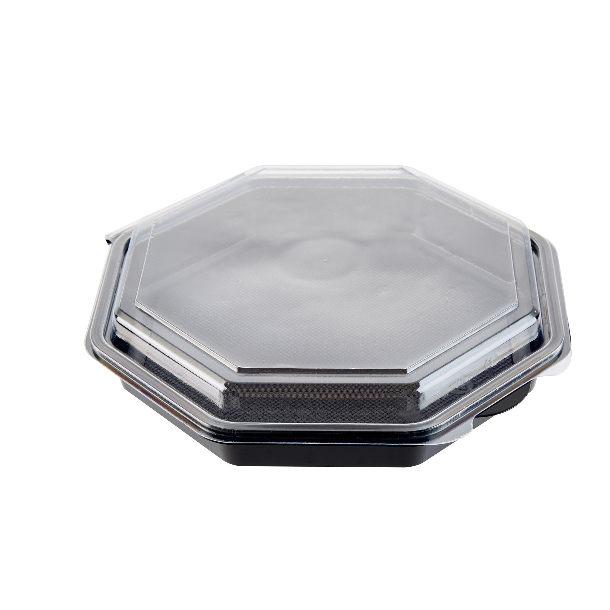 RW Base Octagon Black Plastic Food Container - with Clear Lid - 9" x 9" x 2" - 100 count box