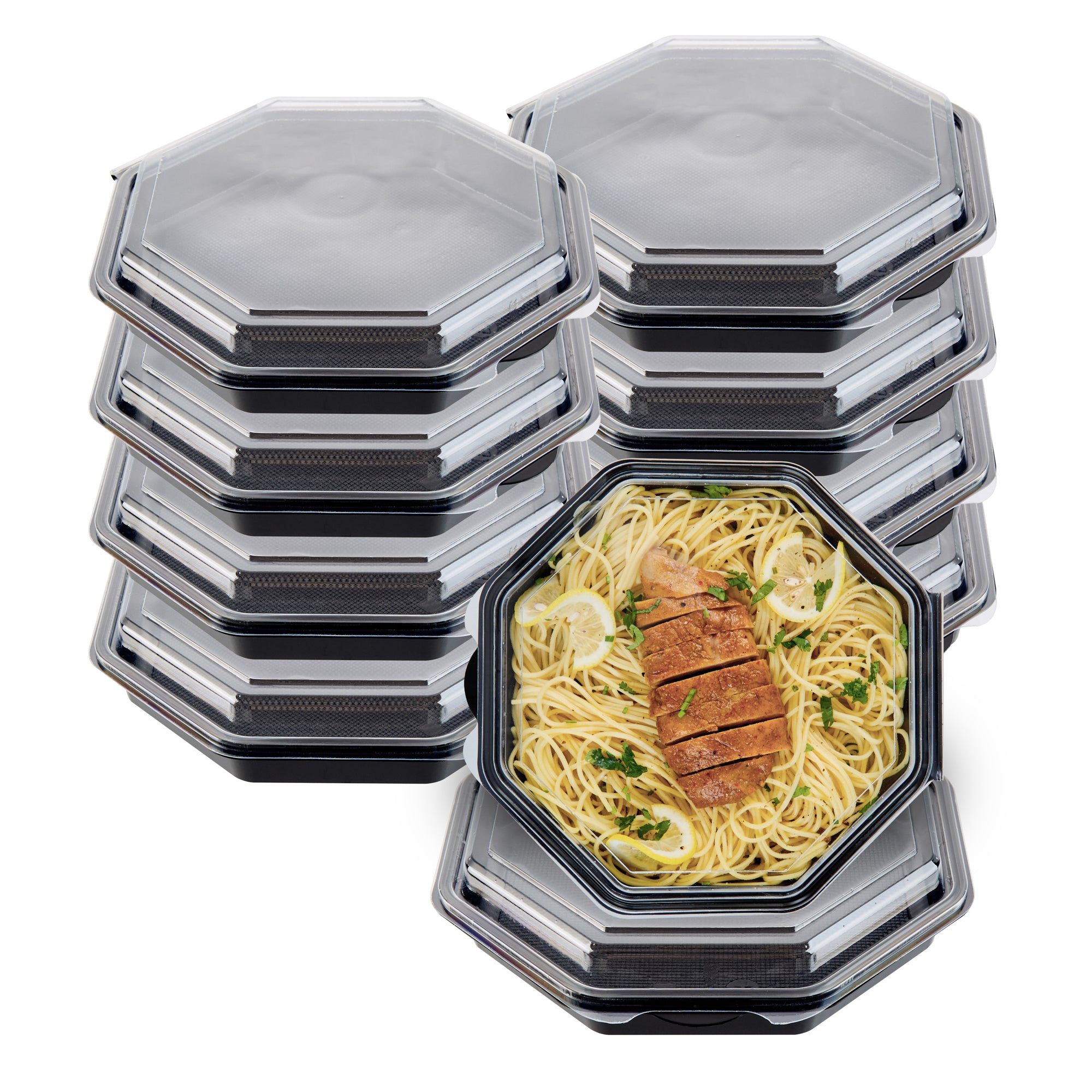 RW Base Octagon Black Plastic Food Container - with Clear Lid - 9" x 9" x 2" - 100 count box