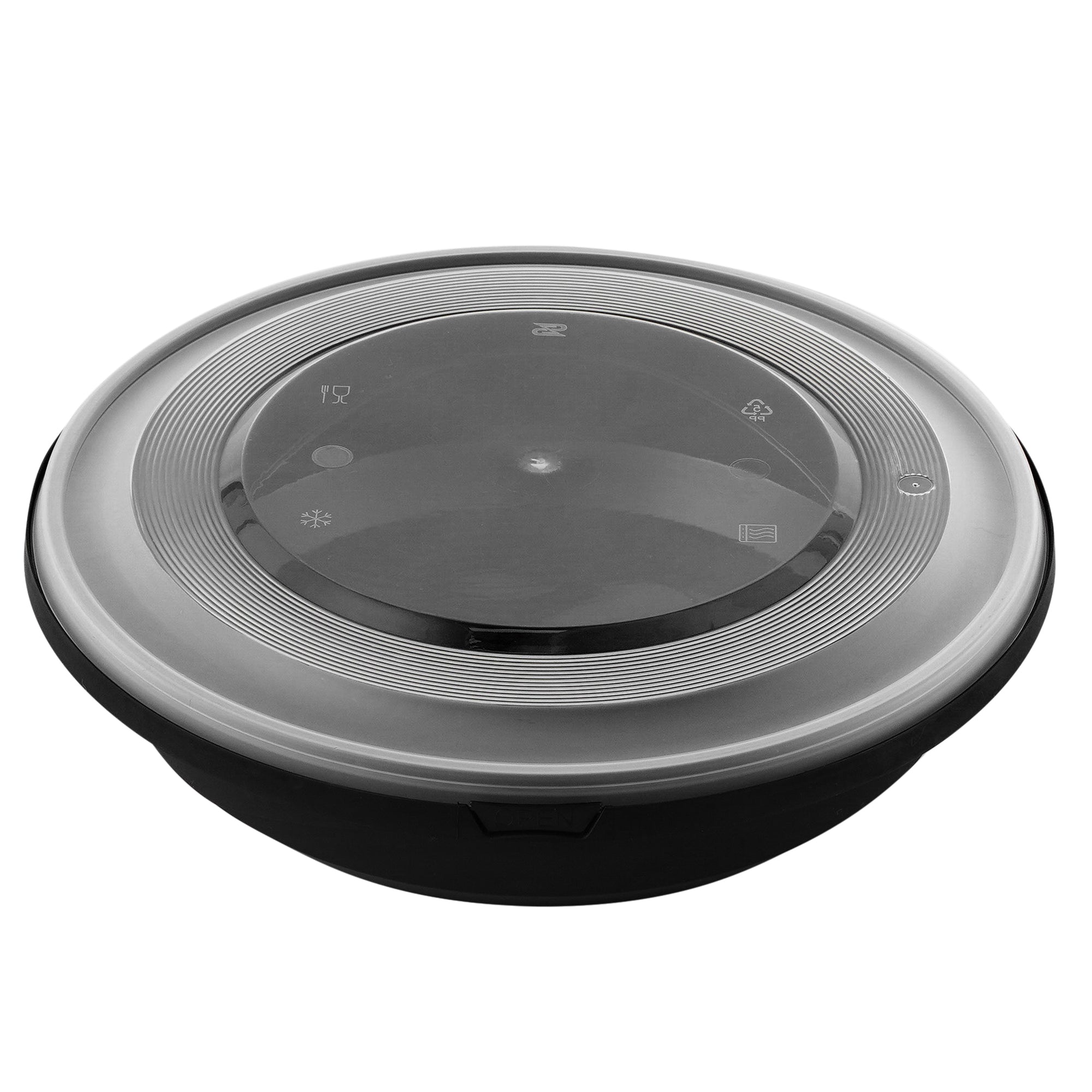 Cater Tek 58 oz Round Black Plastic Catering / Serving Bowl - with Clear Lid, Microwavable - 8" x 8" x 3 3/4" - 100 count box