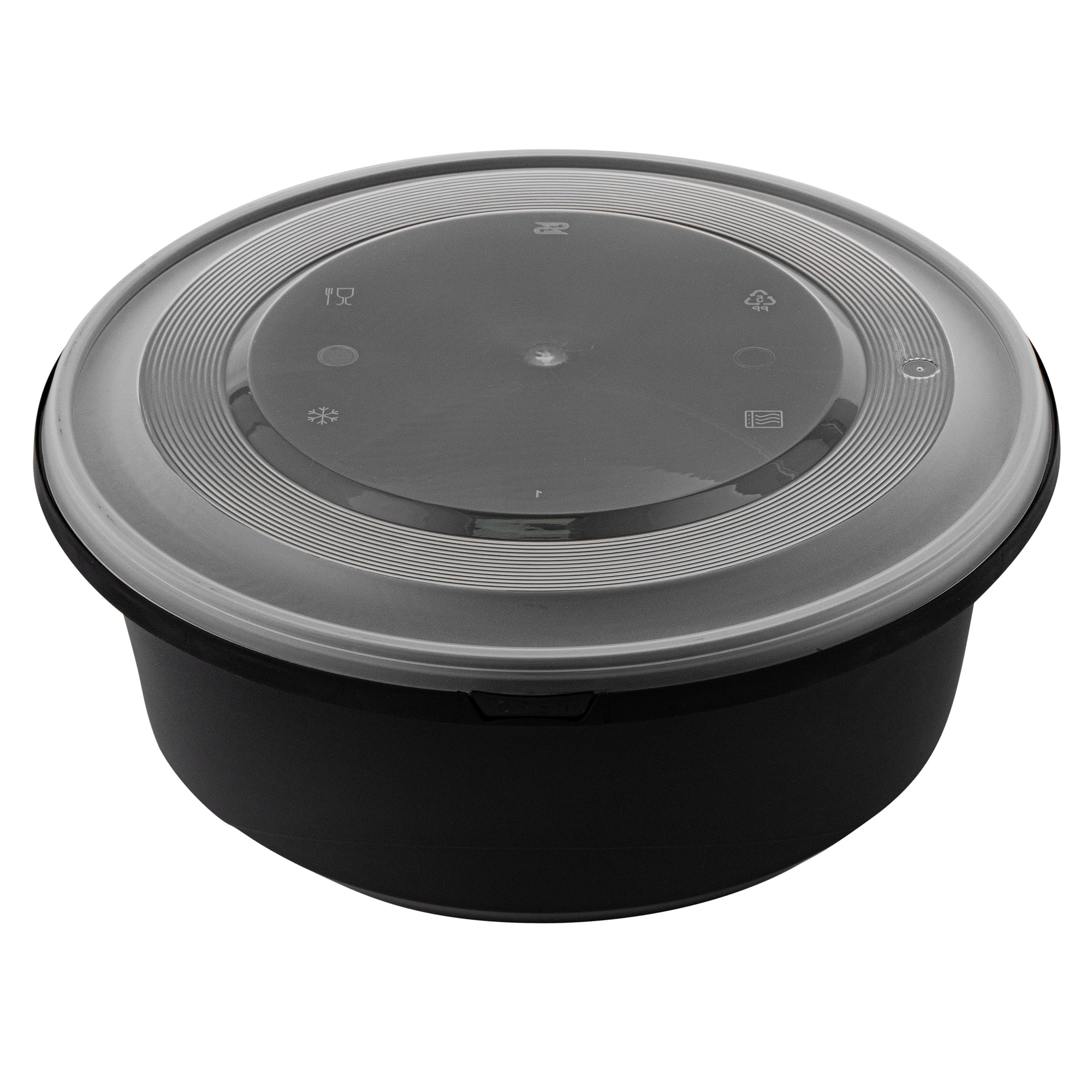 Cater Tek 101 oz Round Black Plastic Catering / Serving Bowl - with Clear Lid, Microwavable - 9 3/4" x 9 3/4" x 4" - 100 count box