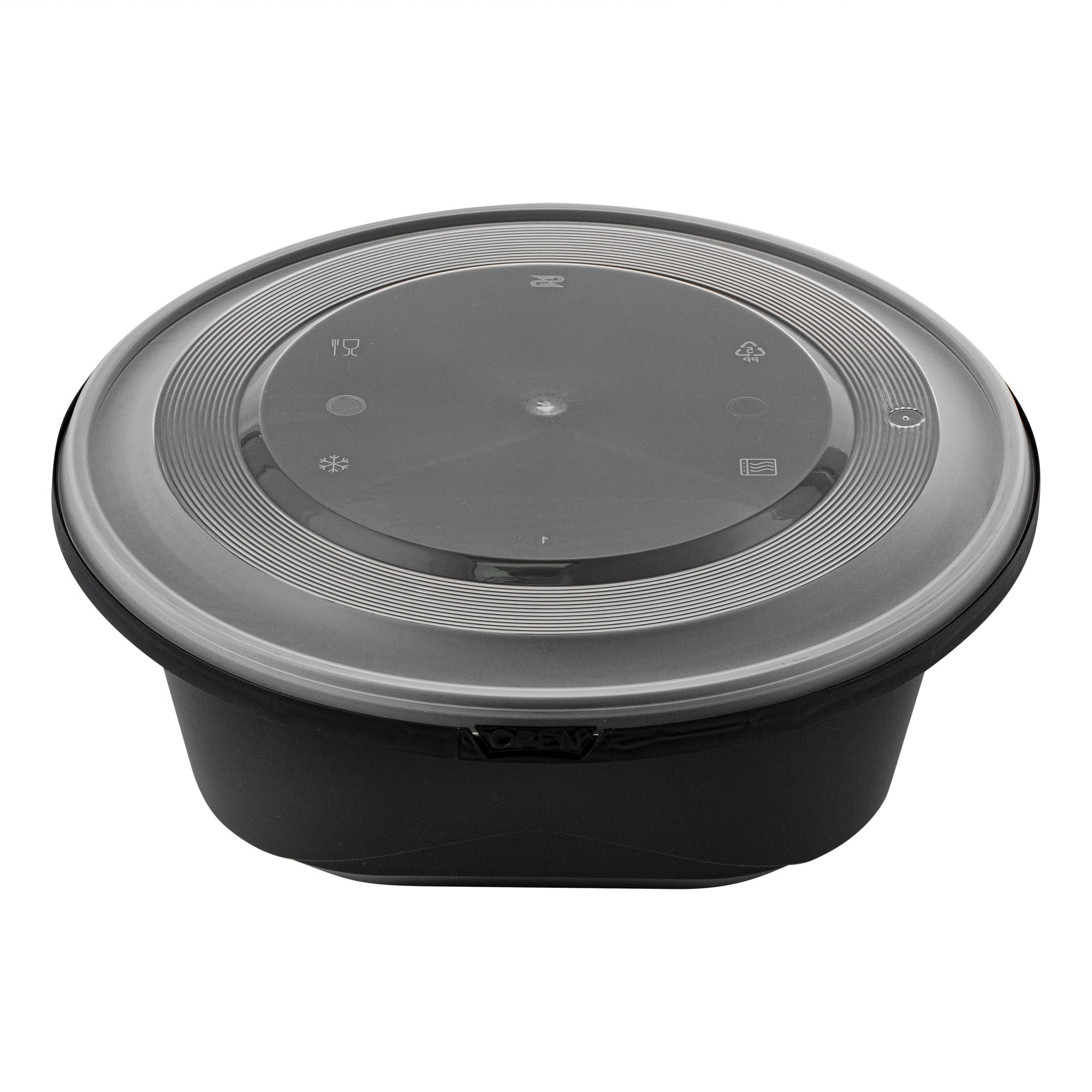 Cater Tek 85 oz Round Black Catering / Serving Bowl - with Clear Lid, Microwavable - 9 3/4" x 9 3/4" x 3 3/4" - 100 count box