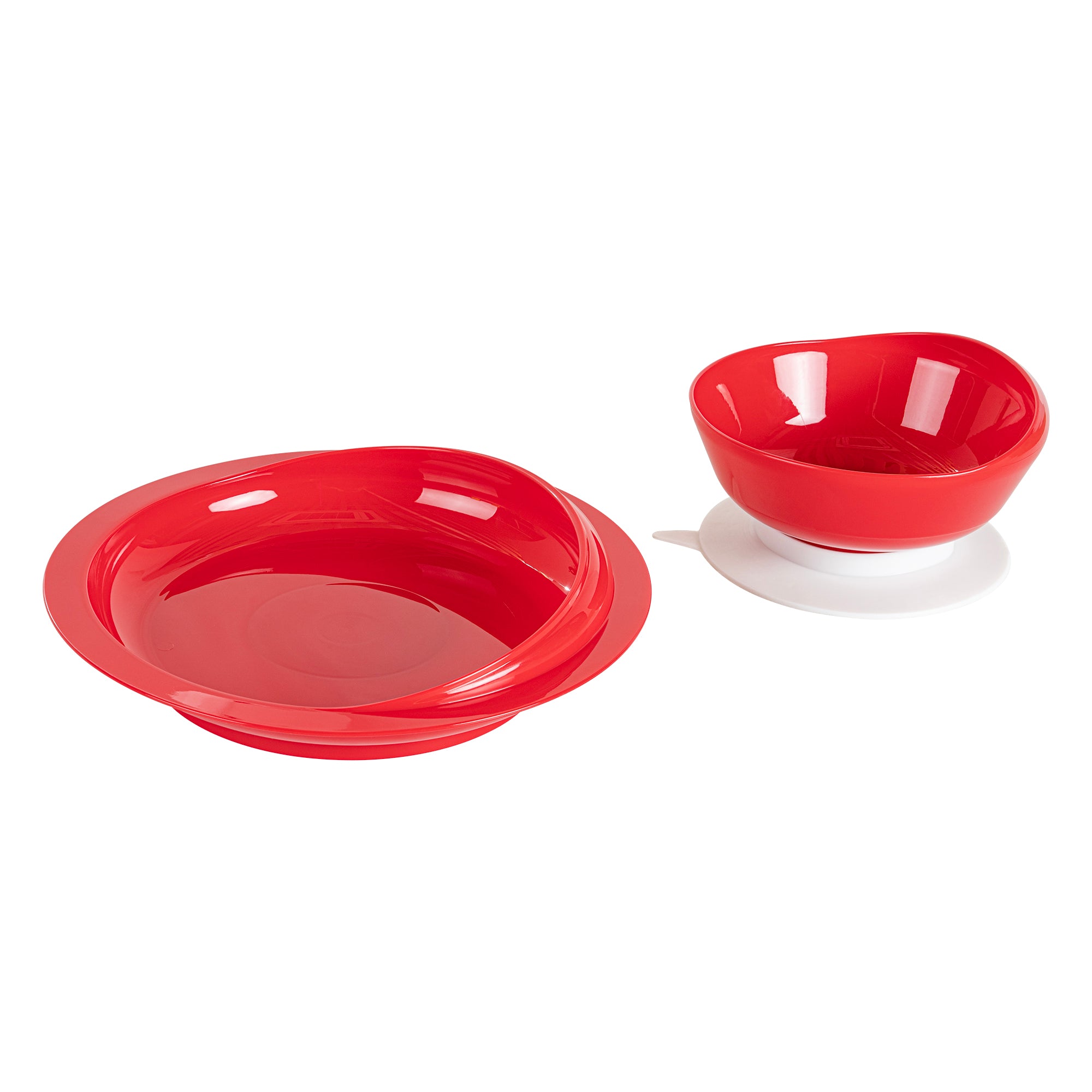 Adapt Tek Red Plastic 2-Piece Scoop Plate and Bowl Set - Spillproof, with Suction Base - Includes 20 Plates and 20 Bowls