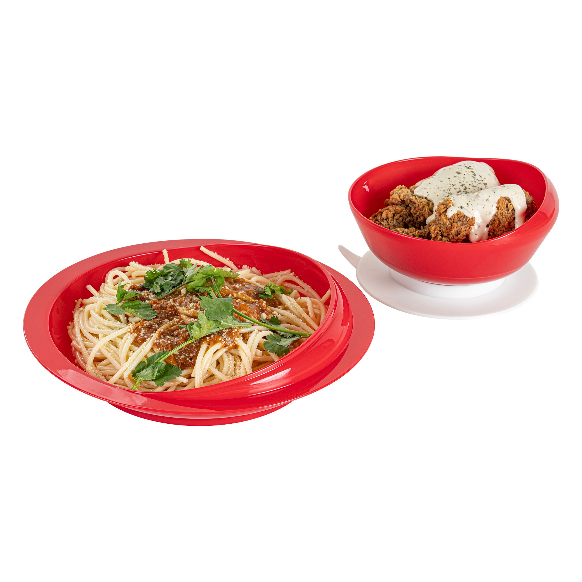 Adapt Tek Red Plastic 2-Piece Scoop Plate and Bowl Set - Spillproof, with Suction Base - Includes 20 Plates and 20 Bowls