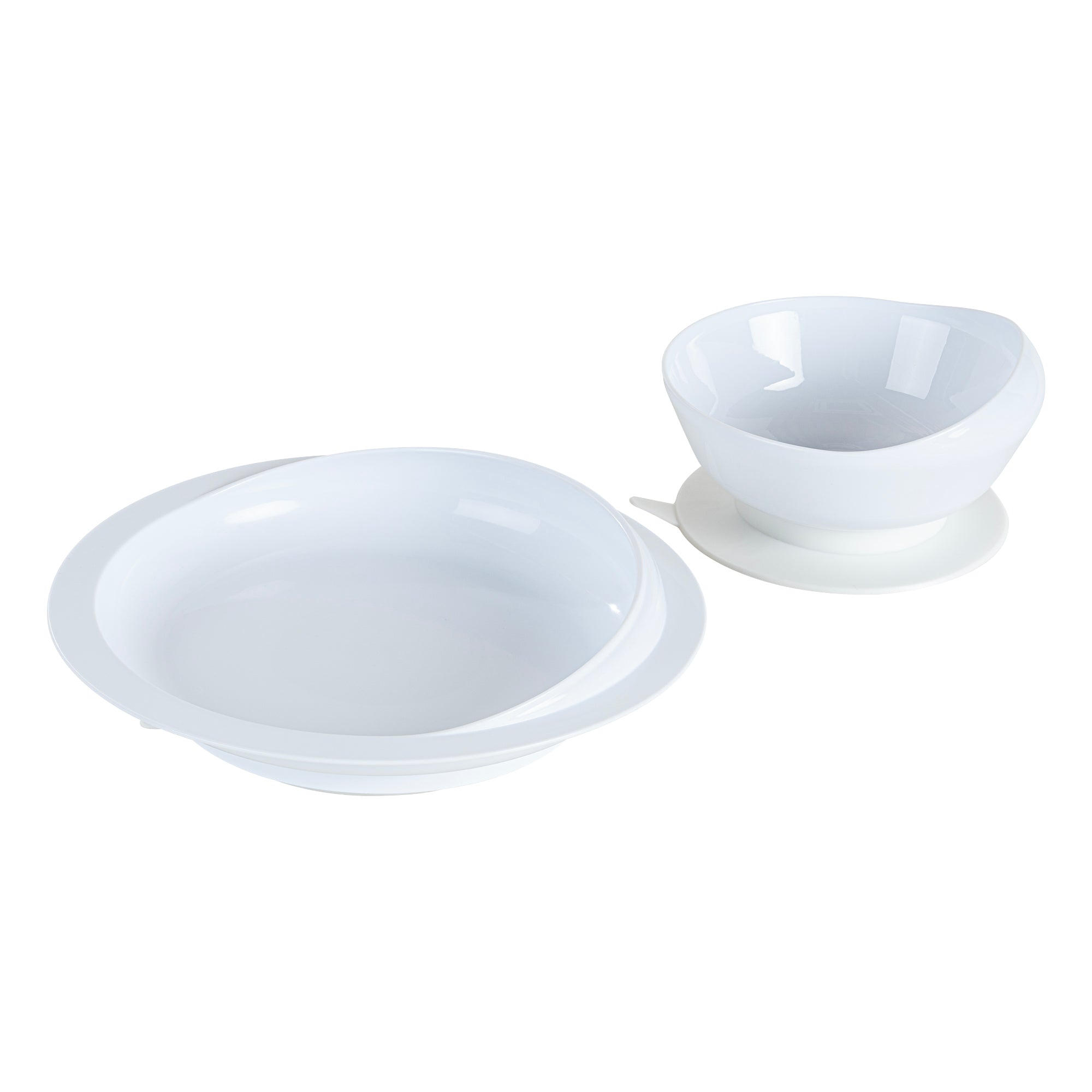 Adapt Tek White Plastic 2-Piece Scoop Plate and Bowl Set - Spillproof, with Suction Base - Includes 20 Plates and 20 Bowls