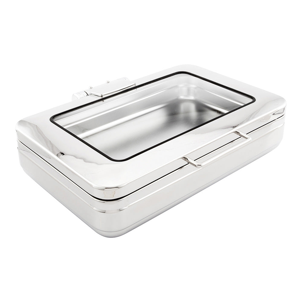 Met Lux 9 qt Rectangle Stainless Steel Full Size Chafer Body - Induction Ready, with Glass Viewing Window - 1 count box