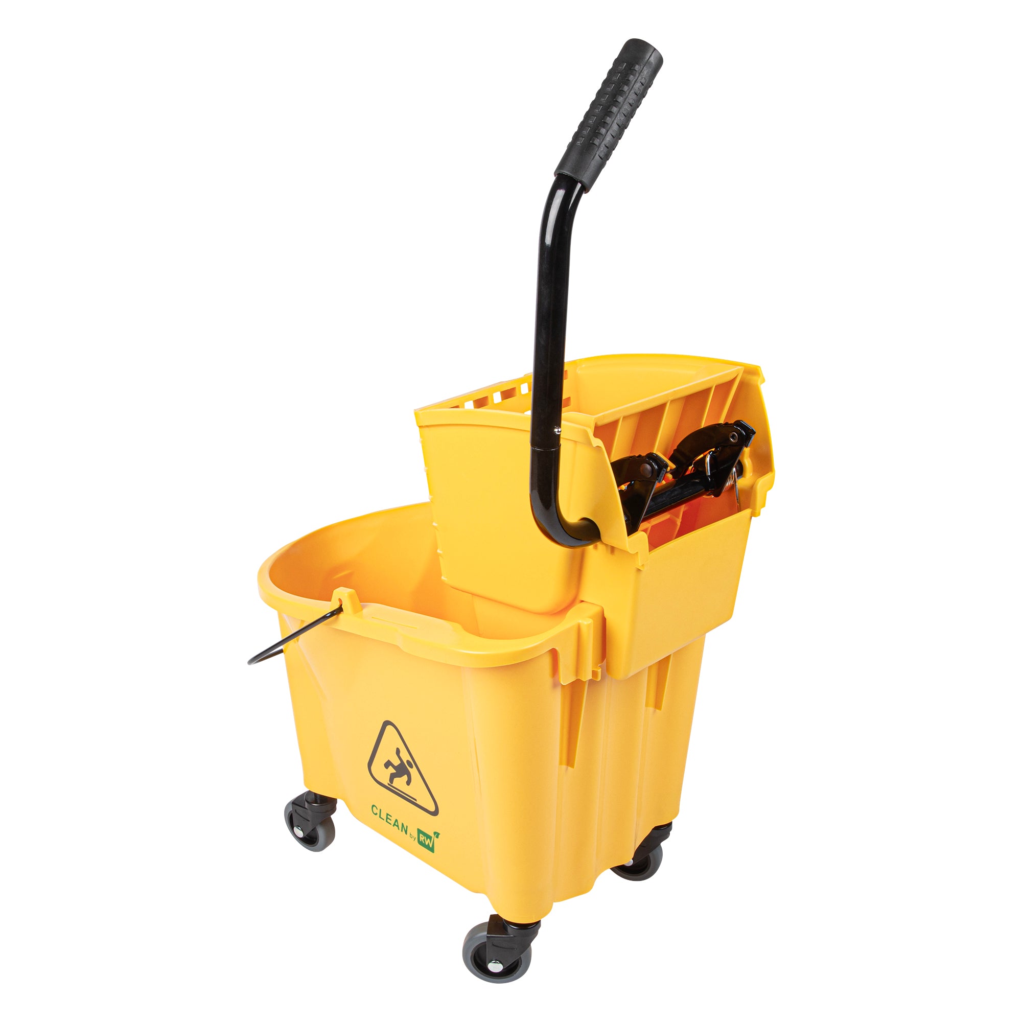 RW Clean 38 qt Yellow Plastic Mop Bucket - with Side Press Wringer - 22 1/2" x 16 1/4" x 36 1/2" - 1 count box