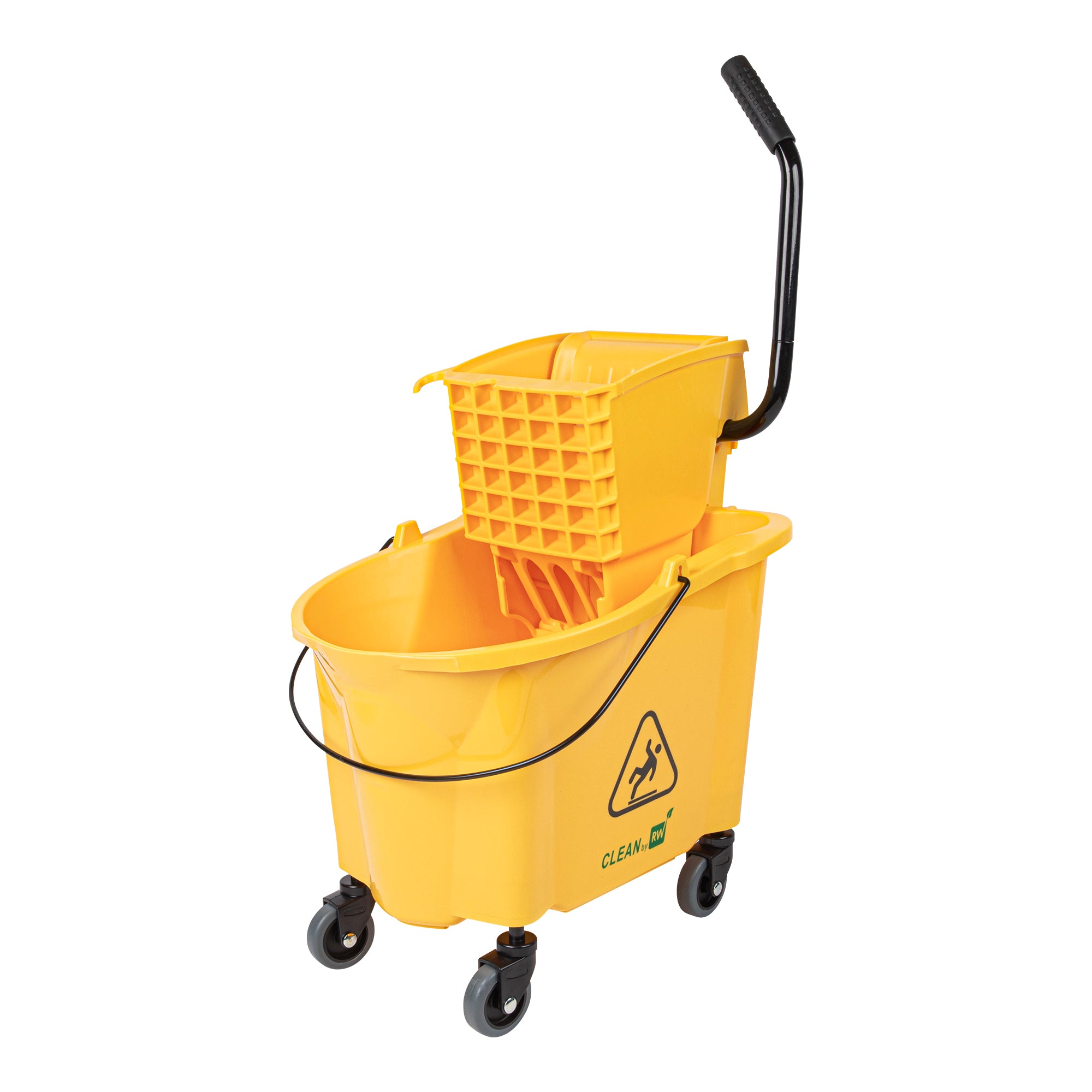 RW Clean 38 qt Yellow Plastic Mop Bucket - with Side Press Wringer - 22 1/2" x 16 1/4" x 36 1/2" - 1 count box