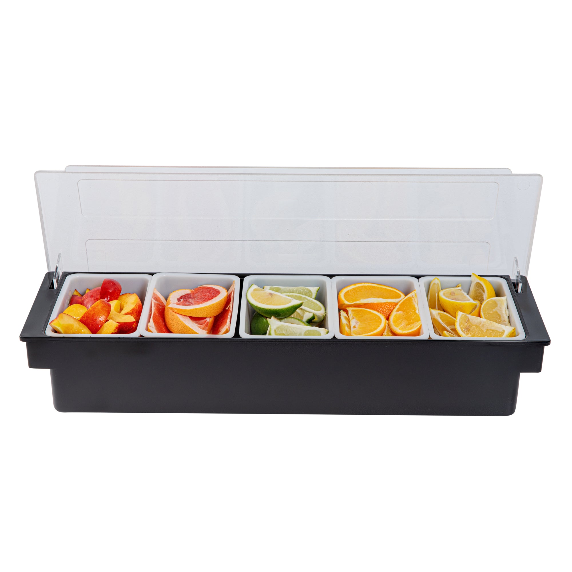 Bar Lux Black Plastic Condiment Caddy - 5 Compartments - 19 1/2" x 6 1/4" x 3 3/4" - 1 count box