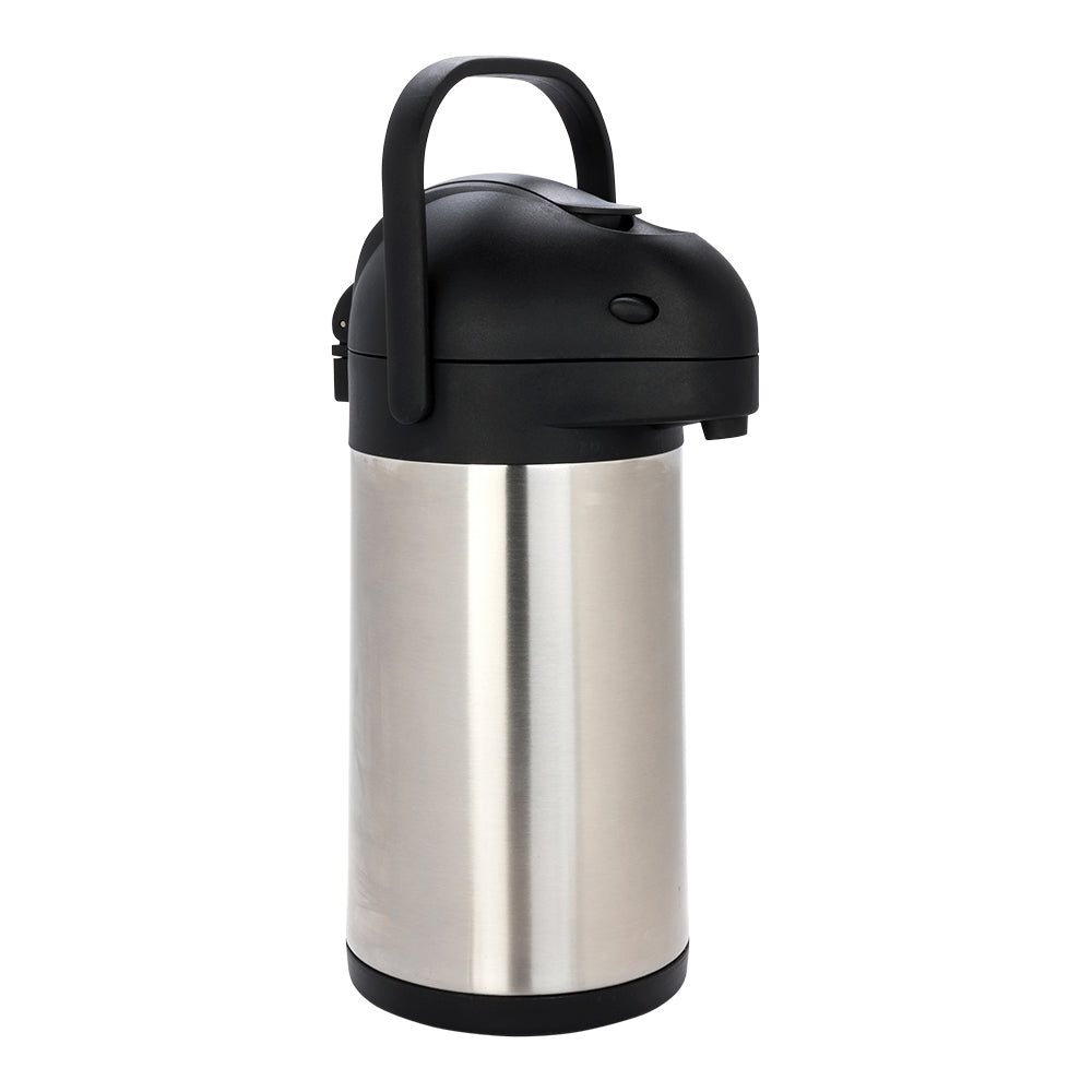 Met Lux 2.2L Silver Stainless Steel Airpot Coffee Dispenser - Pump Lever, 24 hr Heat Retention - 6" x 6" x 14" - 1 count box