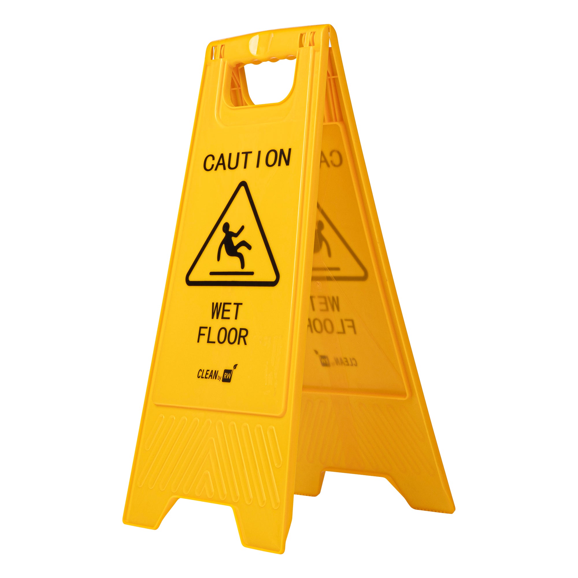 RW Clean Yellow Plastic Caution Wet Floor Sign - Double-Sided - 11 3/4" x 2" x 24 1/2" - 1 count box