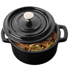 8 oz Round Black Cast Iron Mini Casserole Dish - Enameled, with Stainless Steel Knob - 5 1/4