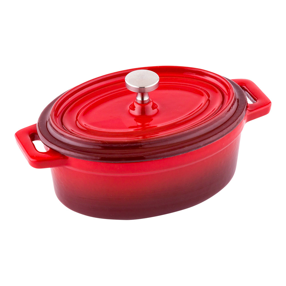 9 oz Oval Red Cast Iron Mini Casserole Dish - Enameled, with Stainless Steel Knob - 6" x 4" x 3" - 1 count box