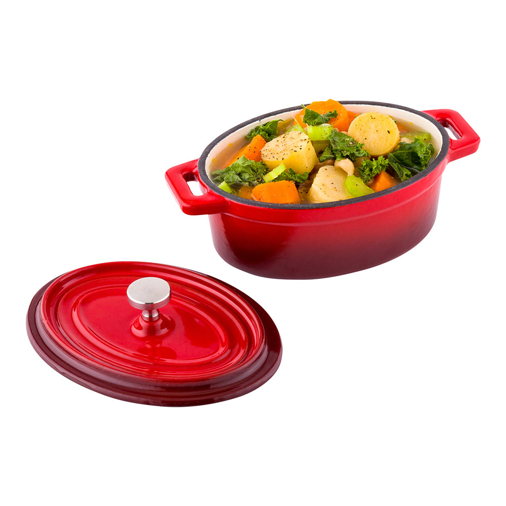 9 oz Oval Red Cast Iron Mini Casserole Dish - Enameled, with Stainless Steel Knob - 6" x 4" x 3" - 1 count box