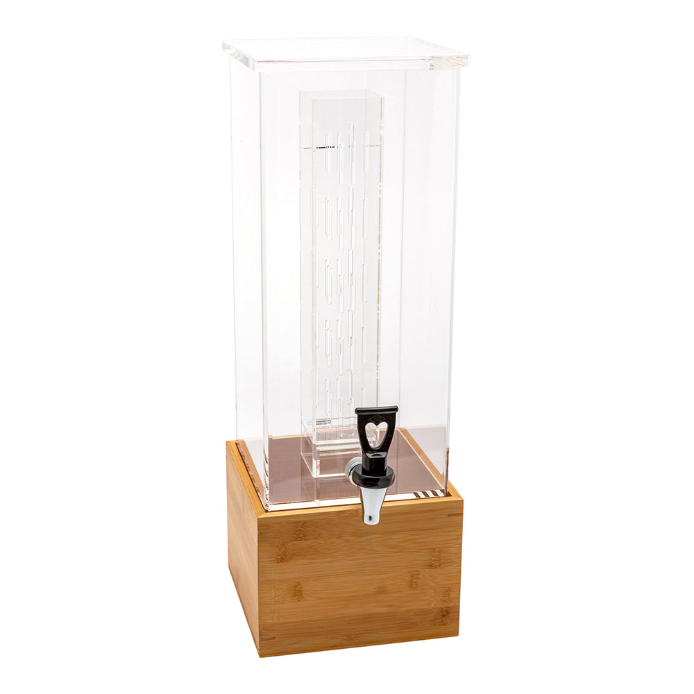 Bev Tek 2 gal Square Clear Acrylic Beverage Dispenser - Infusion Core, Bamboo Base - 8 1/4" x 8 1/4" x 23" - 1 count box