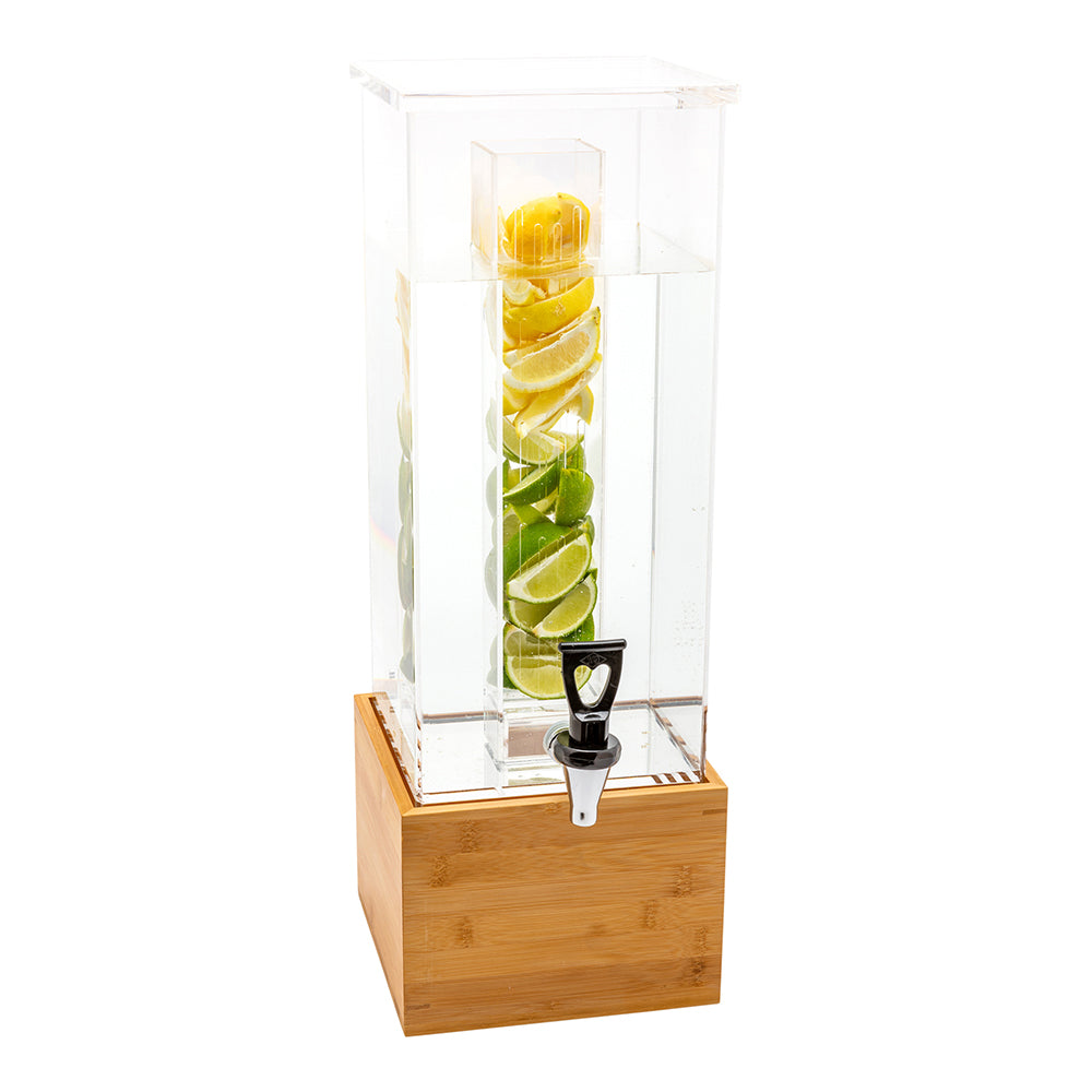 Bev Tek 2 gal Square Clear Acrylic Beverage Dispenser - Infusion Core, Bamboo Base - 8 1/4" x 8 1/4" x 23" - 1 count box