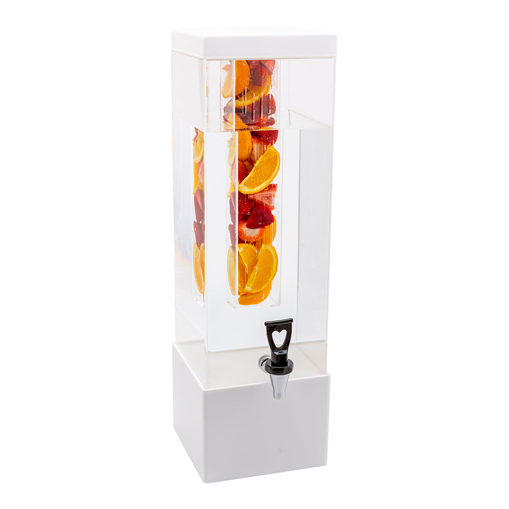 Bev Tek 3 gal Square Clear Acrylic Beverage Dispenser - Infusion Core, White Base - 7 3/4" x 7 3/4" x 25 3/4" - 1 count box