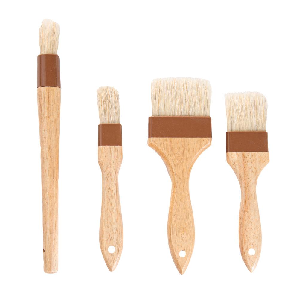 Pastry Tek Natural Wood Pastry / Basting Brush 4-Piece Set - with Boar Bristles - 1 count box